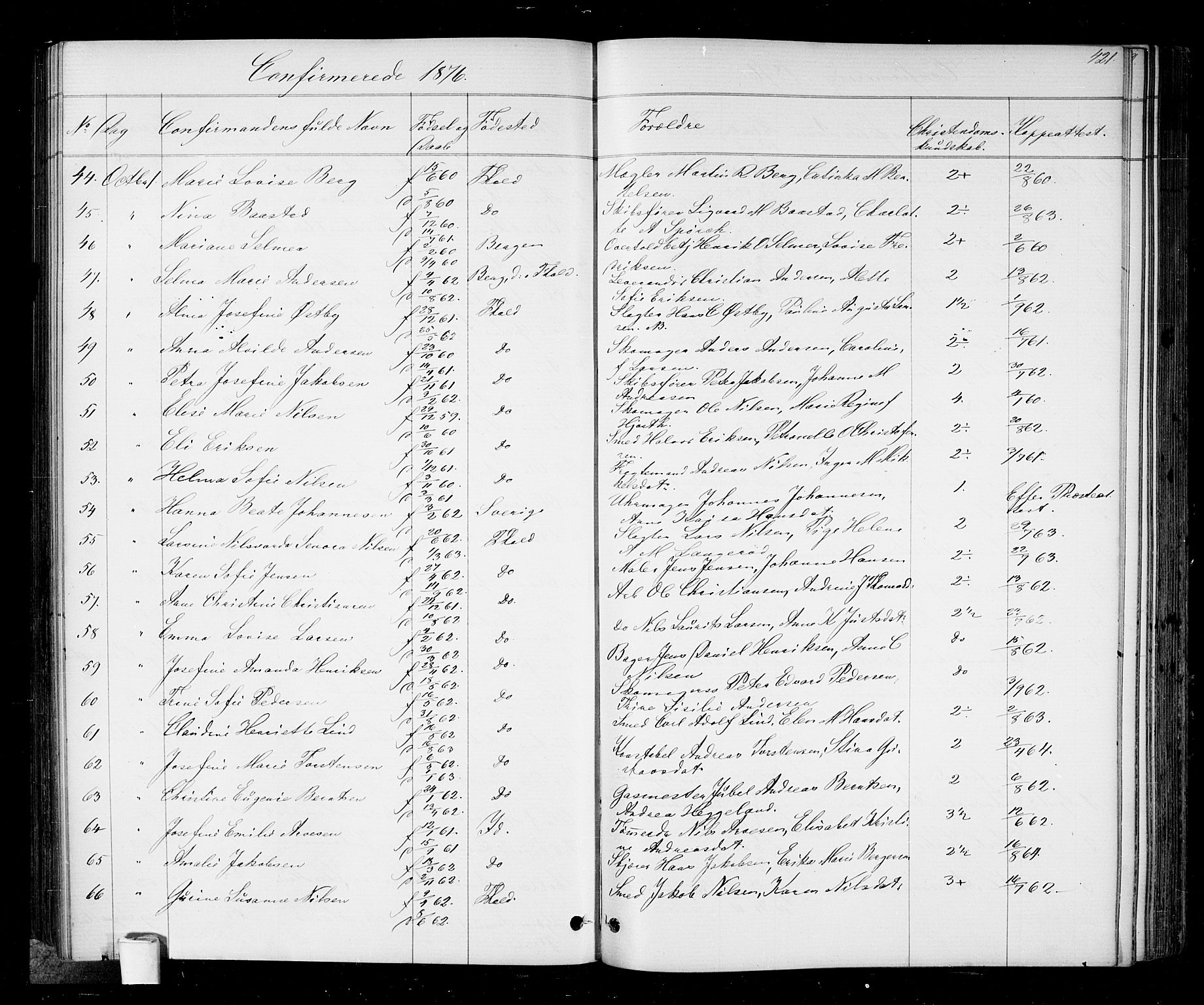 Halden prestekontor Kirkebøker, SAO/A-10909/G/Ga/L0006: Parish register (copy) no. 6, 1869-1884, p. 421