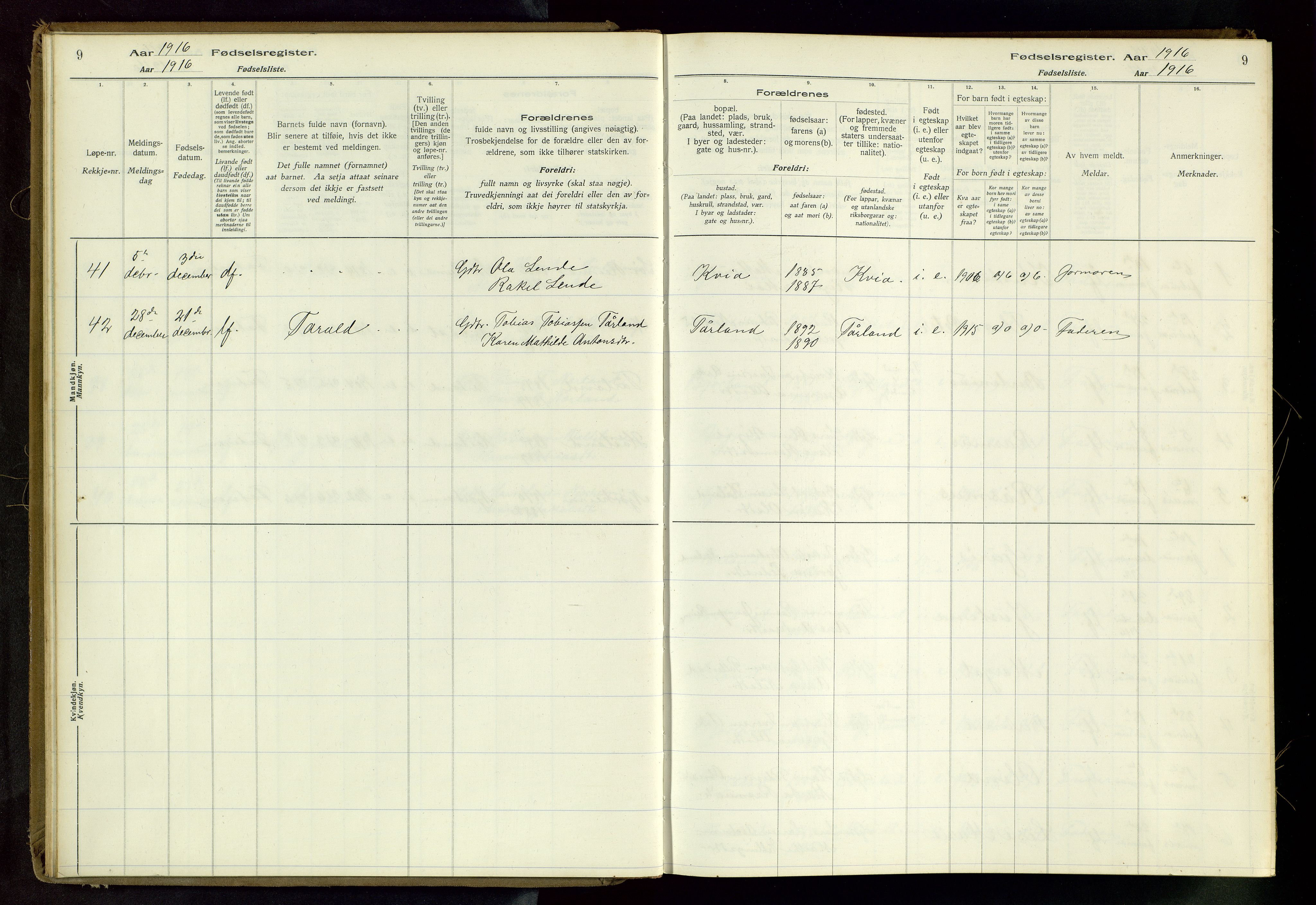 Hå sokneprestkontor, AV/SAST-A-101801/002/C/L0001: Birth register no. 1, 1916-1945, p. 9