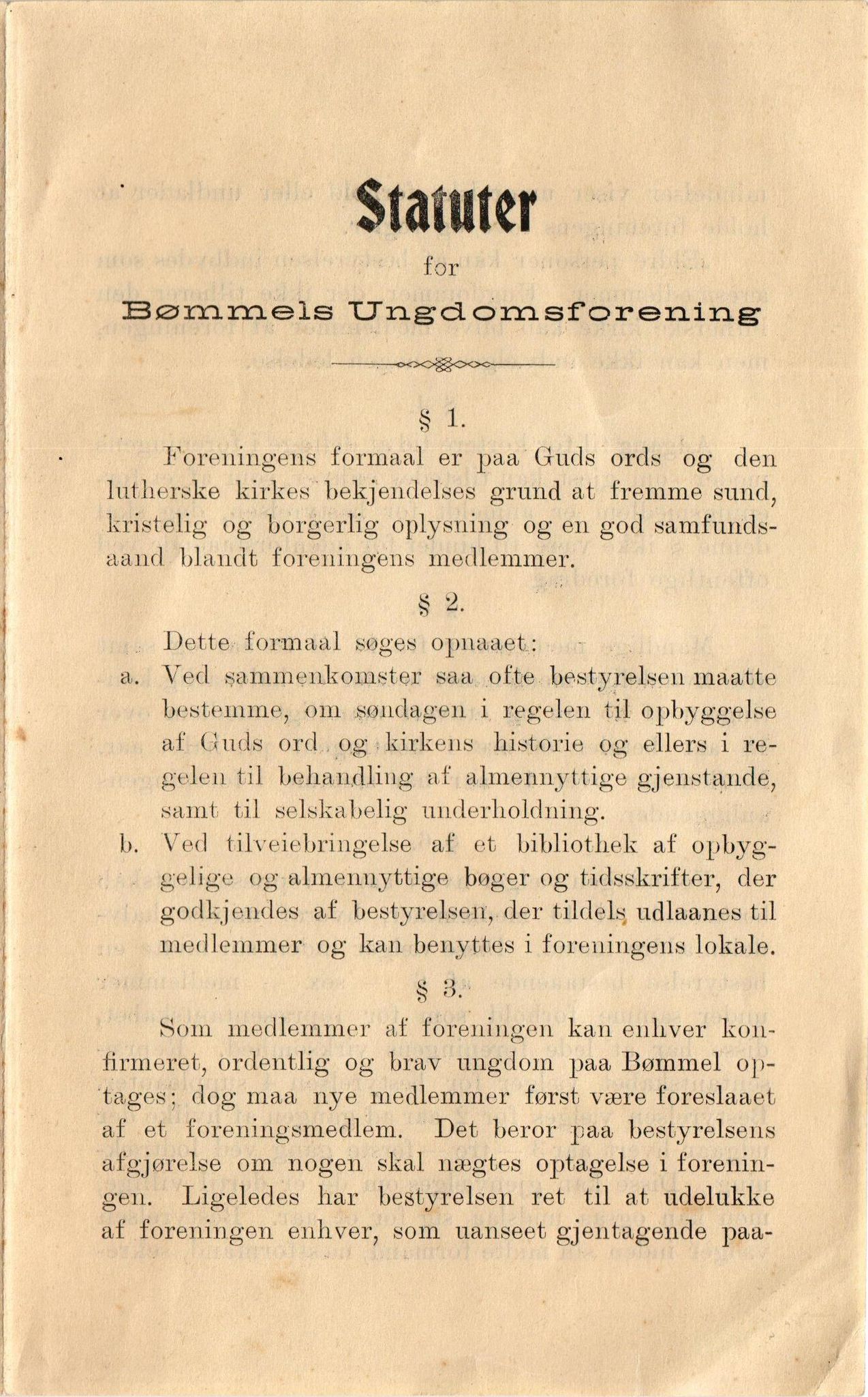 Bømmel ungdomsforening, IKAH/1219-Pa0010/F/Fa/L0001: Årsmeldingar og statuttar for Bømmel ungdomsforening, 1906-1907, p. 1