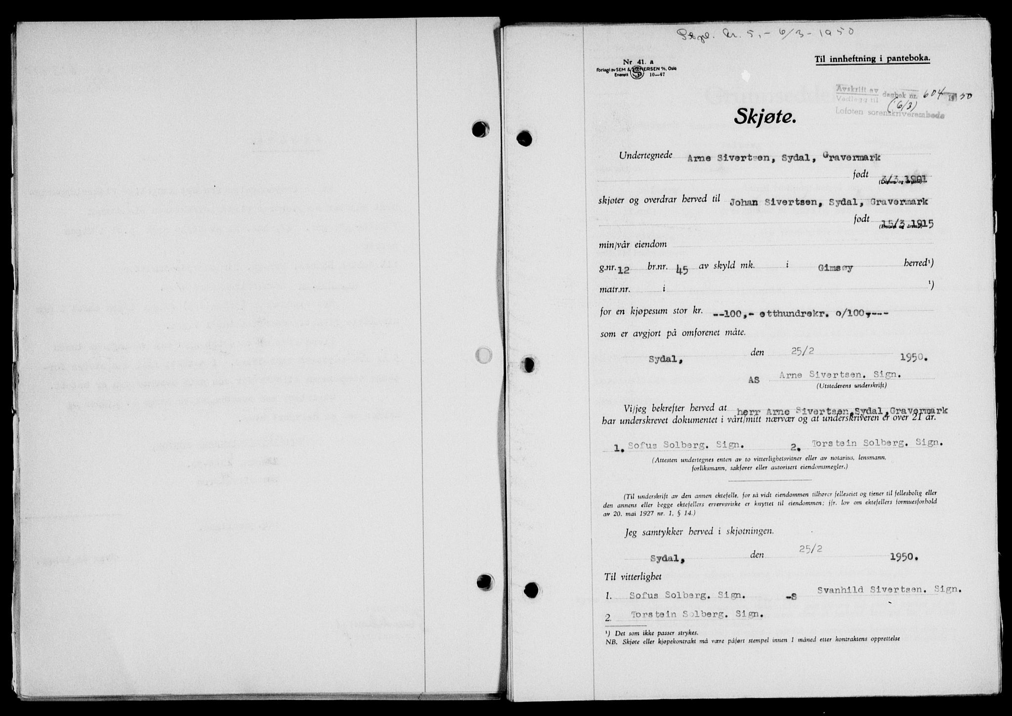 Lofoten sorenskriveri, SAT/A-0017/1/2/2C/L0023a: Mortgage book no. 23a, 1950-1950, Diary no: : 604/1950