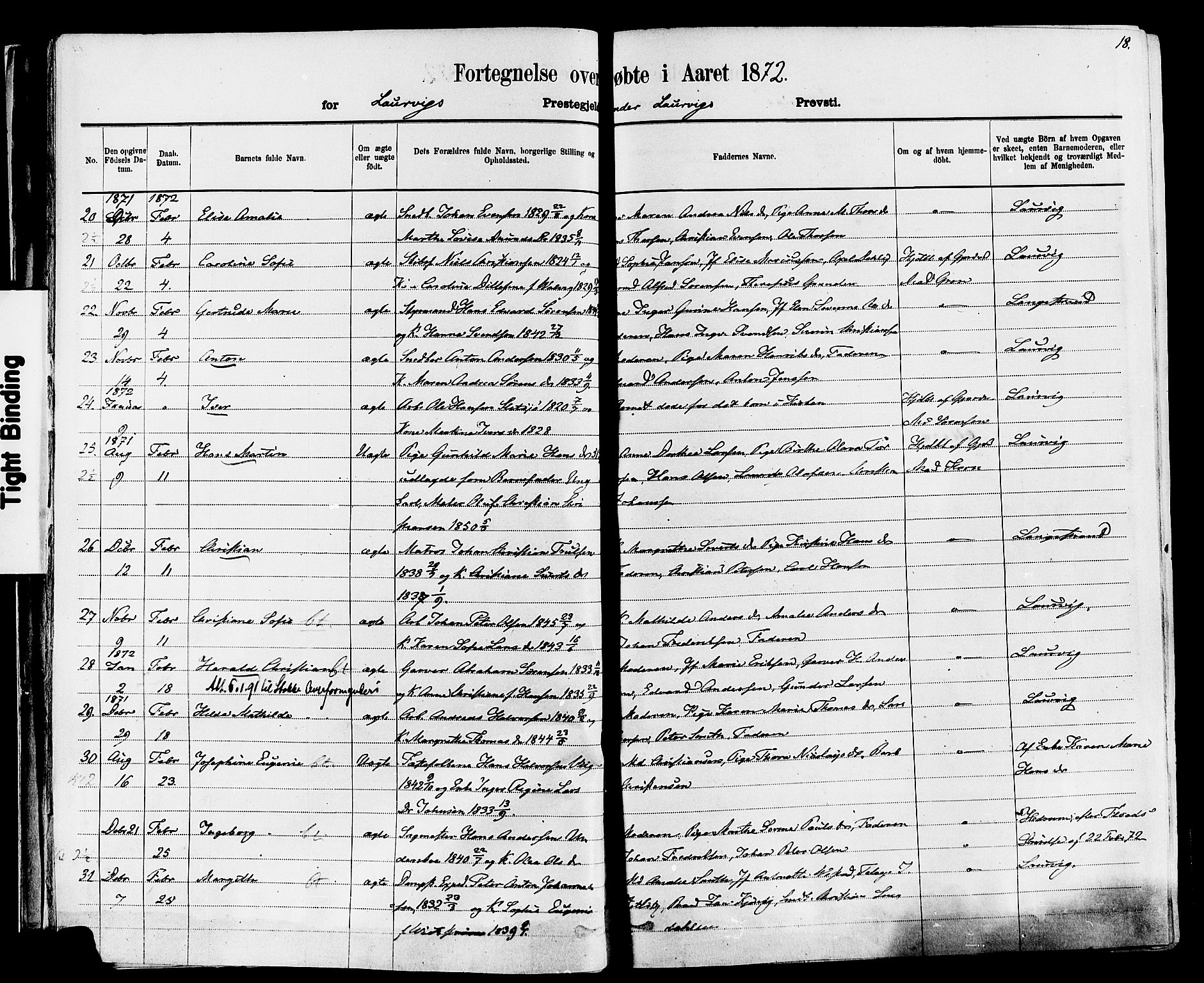 Larvik kirkebøker, AV/SAKO-A-352/F/Fa/L0006: Parish register (official) no. I 6, 1871-1883, p. 18