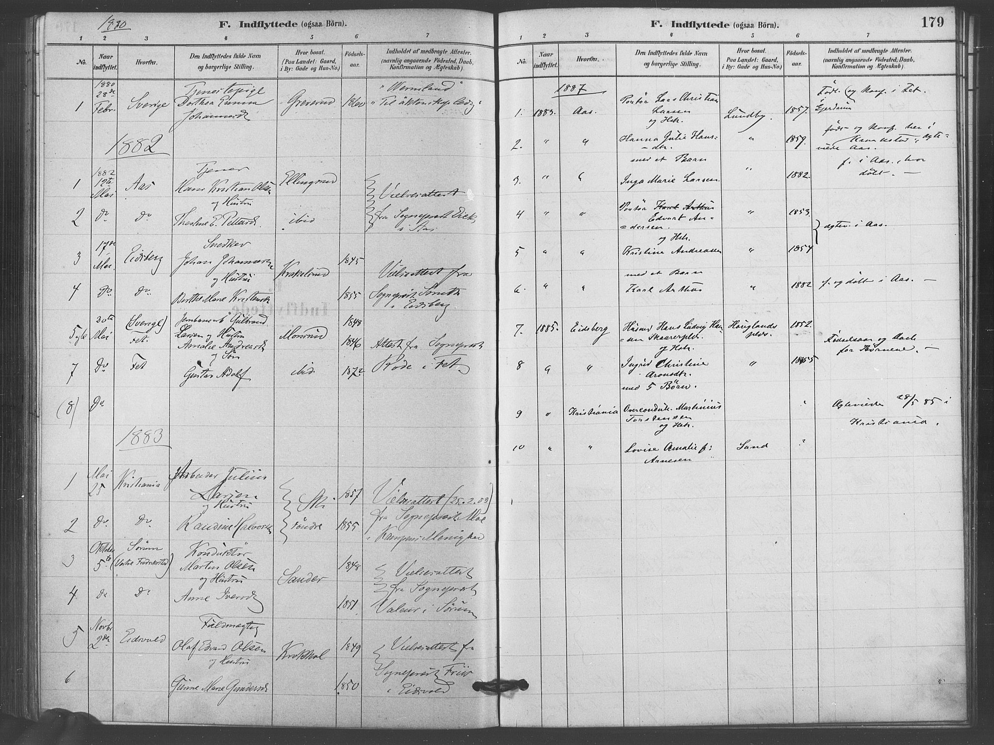 Kråkstad prestekontor Kirkebøker, AV/SAO-A-10125a/F/Fb/L0001: Parish register (official) no. II 1, 1880-1892, p. 179