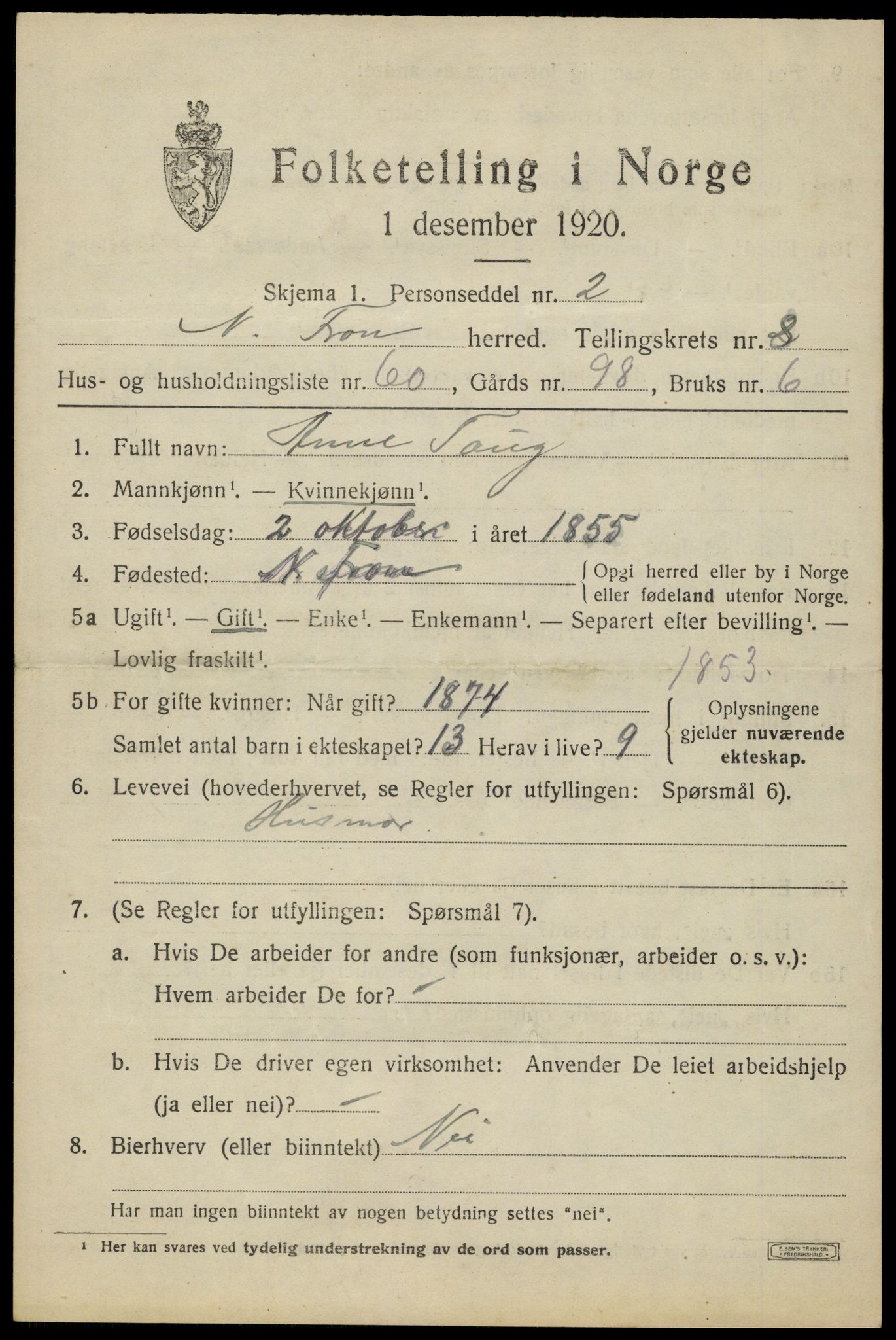 SAH, 1920 census for Nord-Fron, 1920, p. 7472