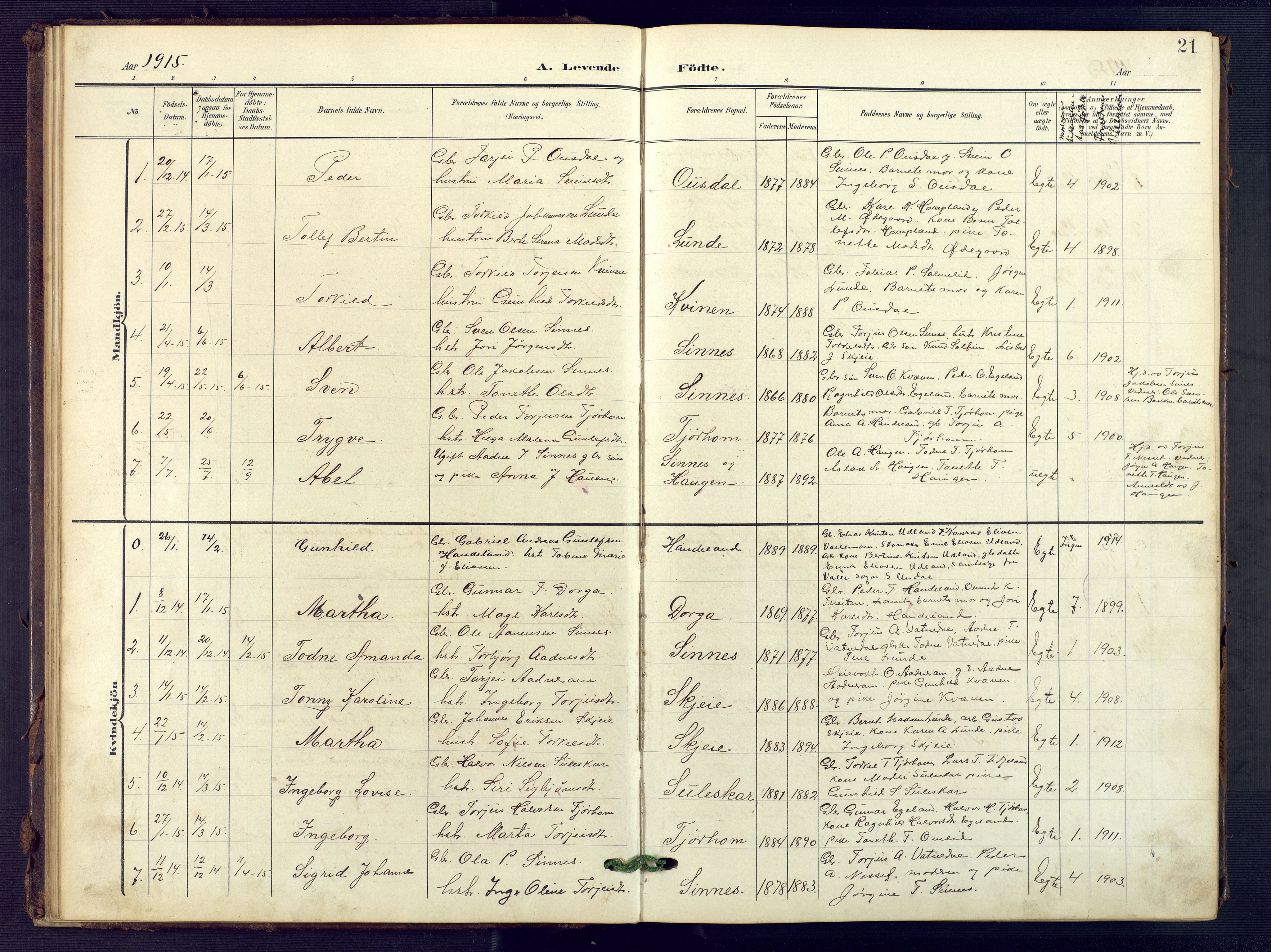 Sirdal sokneprestkontor, SAK/1111-0036/F/Fb/Fba/L0002: Parish register (copy) no. B 2, 1905-1958, p. 21