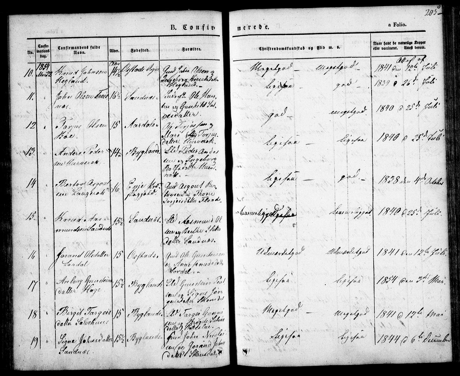 Bygland sokneprestkontor, AV/SAK-1111-0006/F/Fa/Fab/L0004: Parish register (official) no. A 4, 1842-1858, p. 205