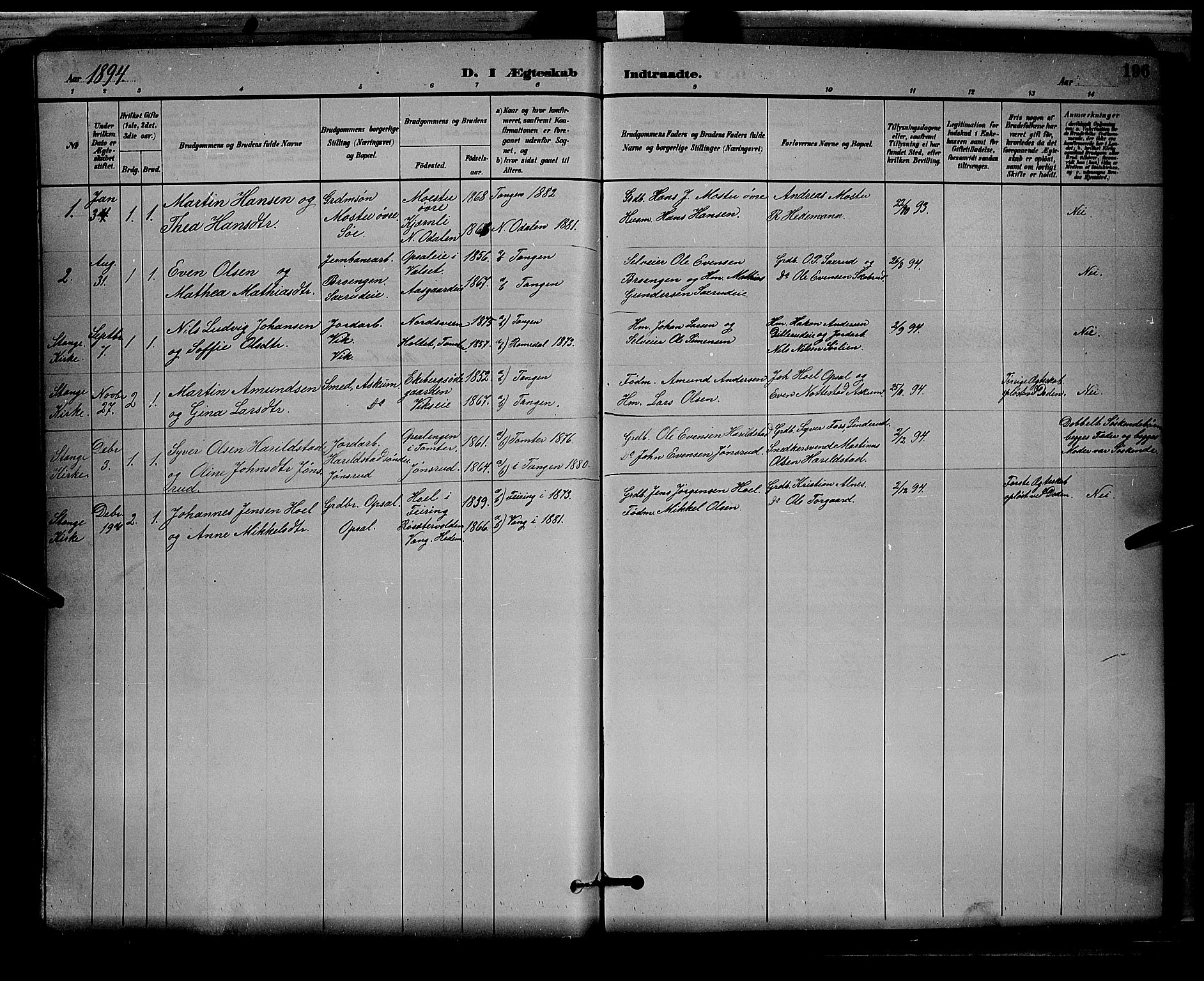 Stange prestekontor, AV/SAH-PREST-002/L/L0008: Parish register (copy) no. 8, 1882-1895, p. 196