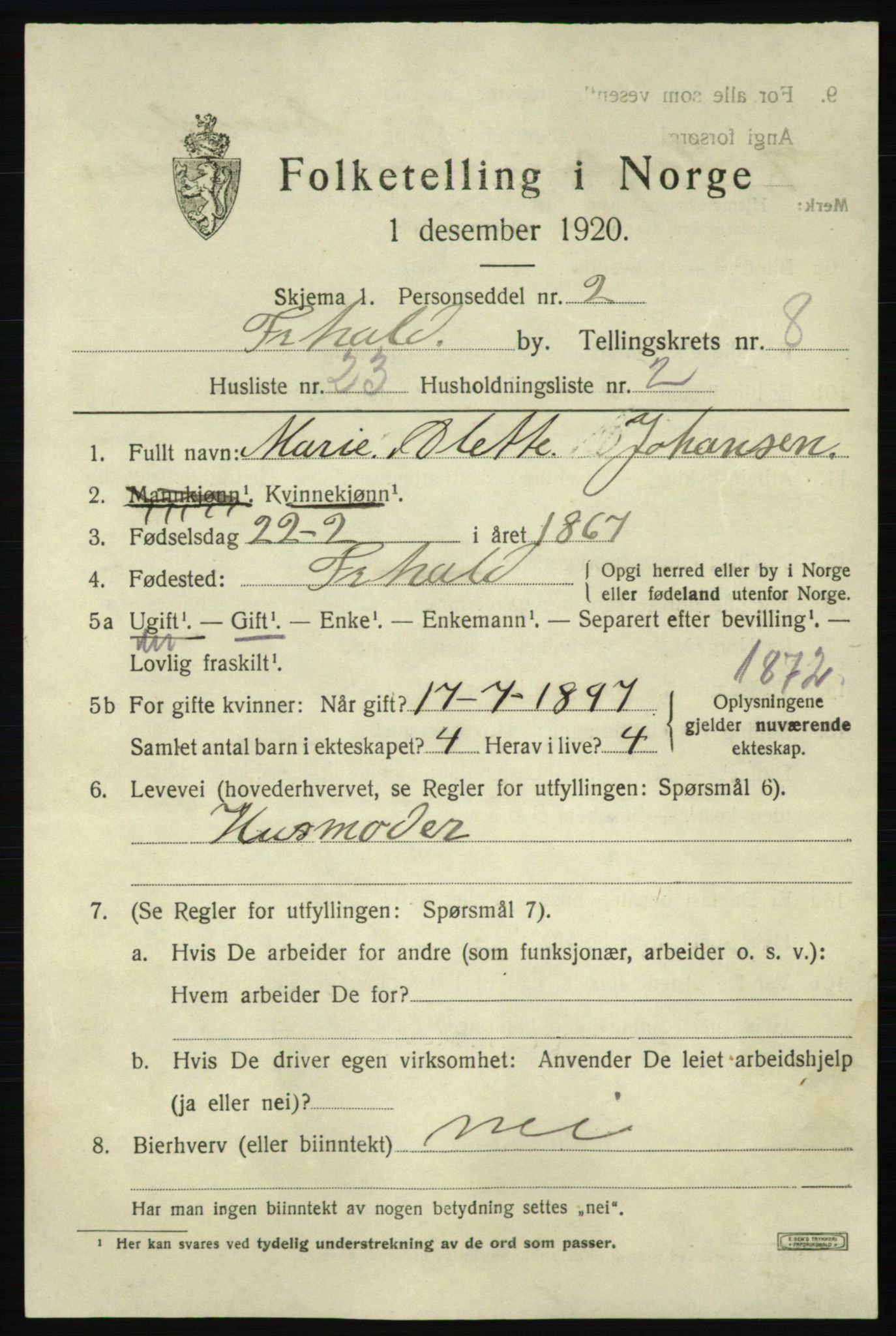 SAO, 1920 census for Fredrikshald, 1920, p. 15415