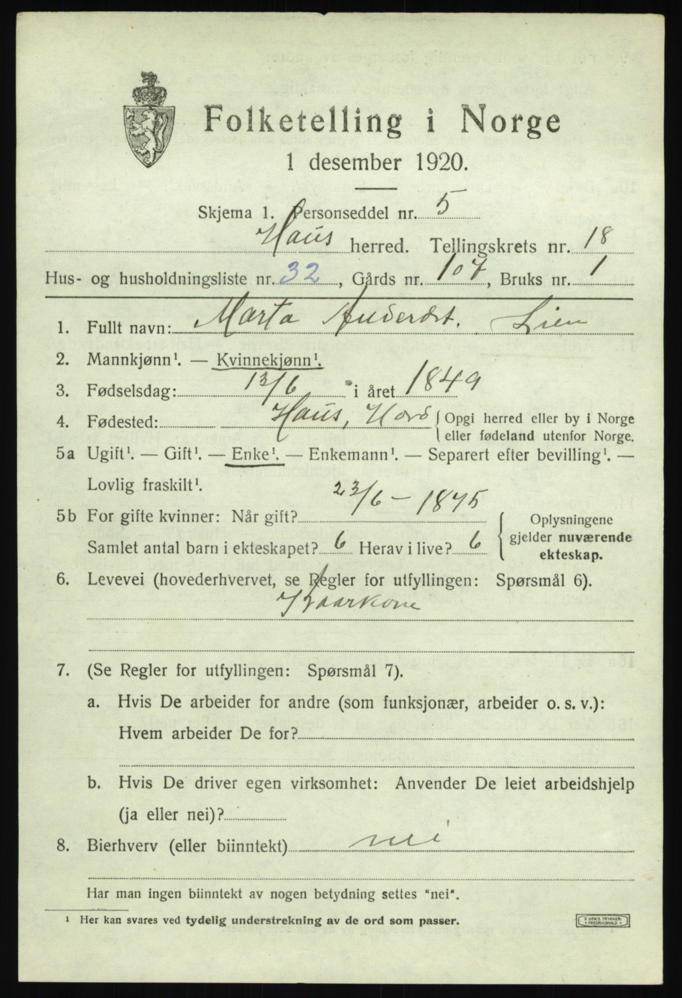 SAB, 1920 census for Haus, 1920, p. 12256