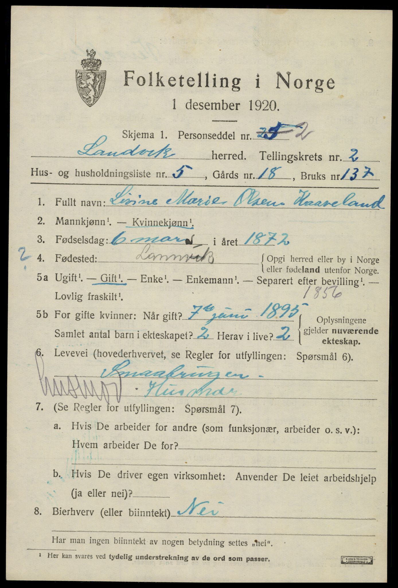 SAK, 1920 census for Landvik, 1920, p. 1820