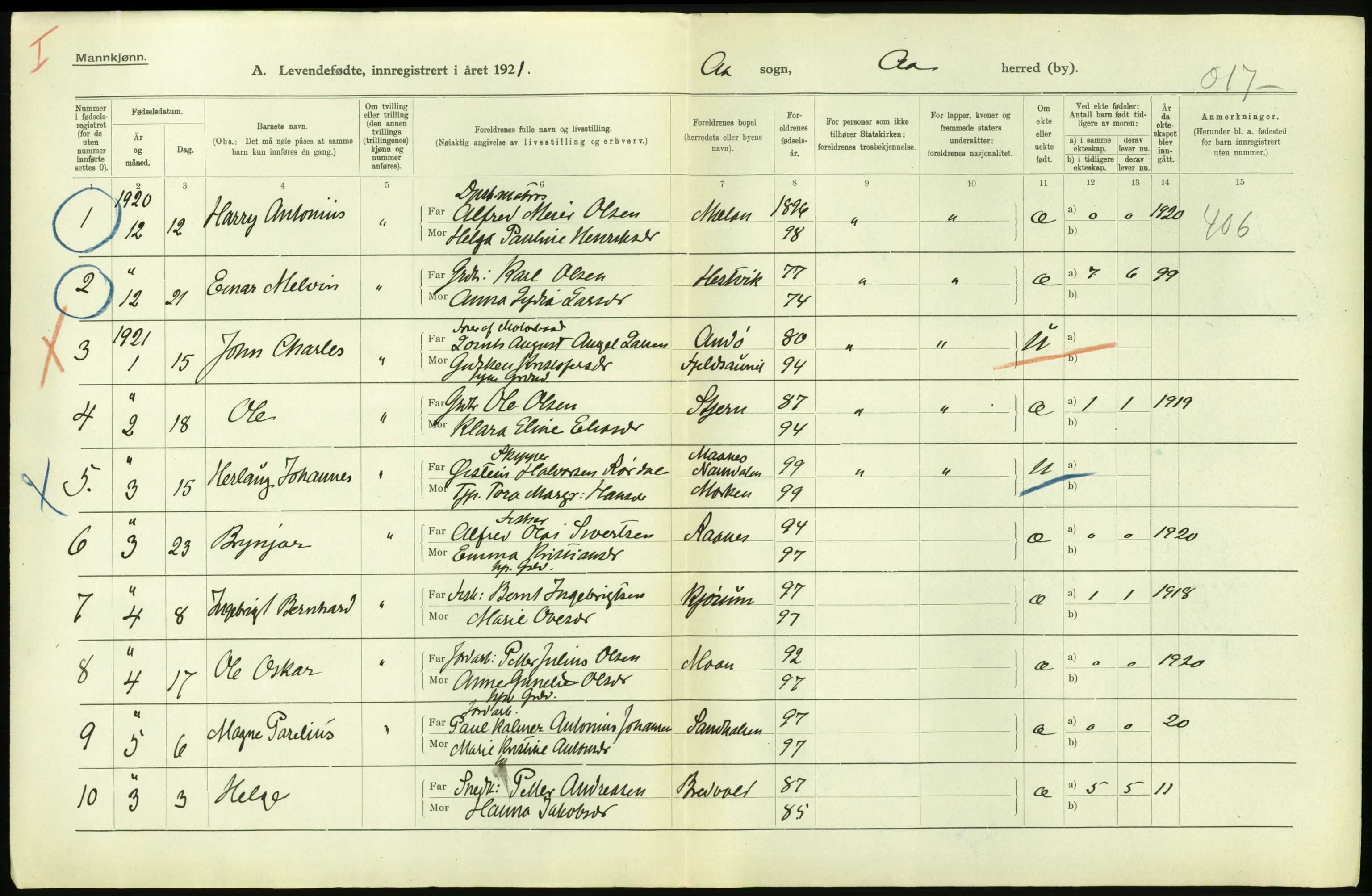Statistisk sentralbyrå, Sosiodemografiske emner, Befolkning, AV/RA-S-2228/D/Df/Dfc/Dfca/L0043: S. Trøndelag fylke: Levendefødte menn og kvinner. Bygder., 1921, p. 22