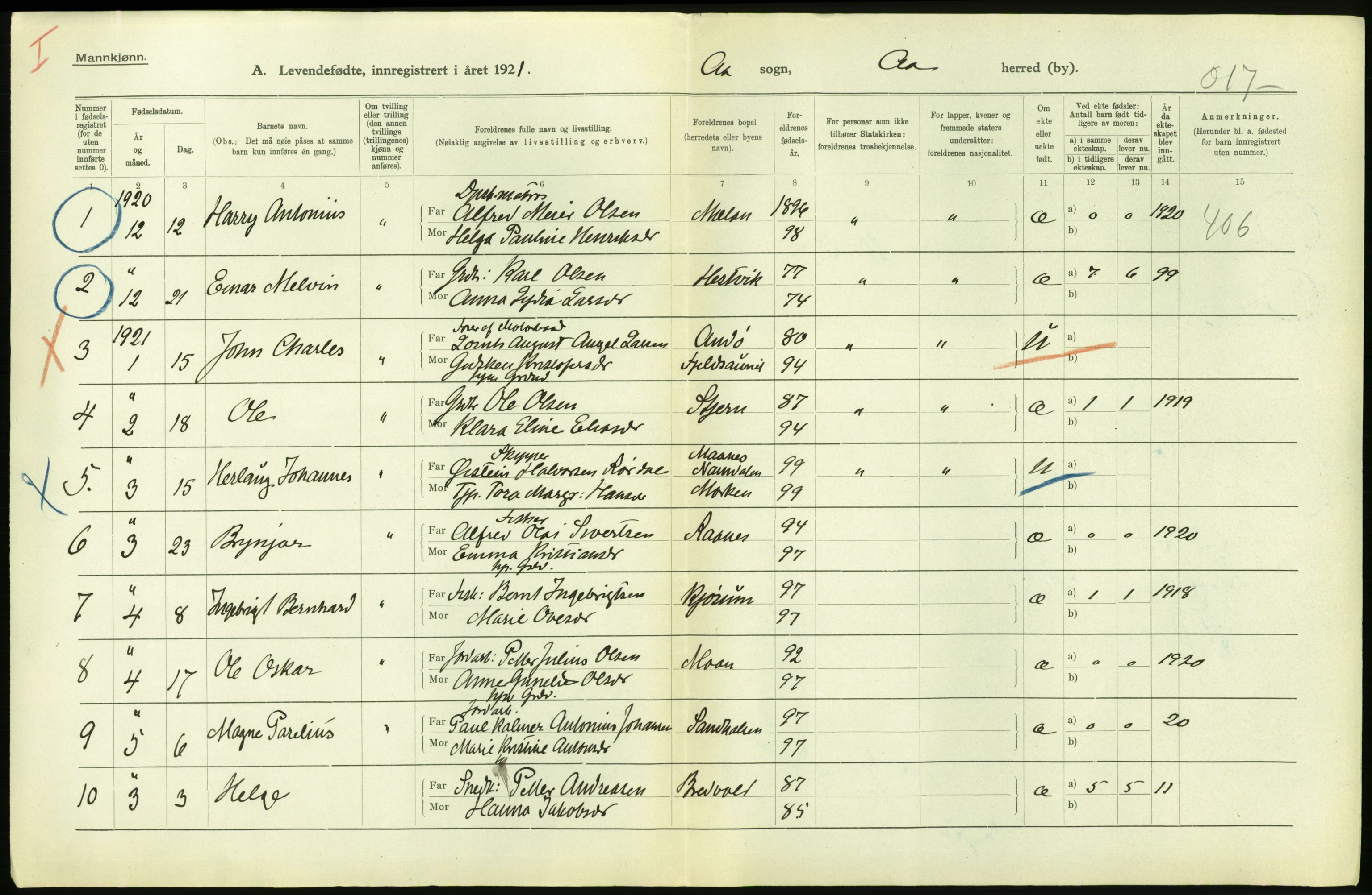 Statistisk sentralbyrå, Sosiodemografiske emner, Befolkning, RA/S-2228/D/Df/Dfc/Dfca/L0043: S. Trøndelag fylke: Levendefødte menn og kvinner. Bygder., 1921, p. 22