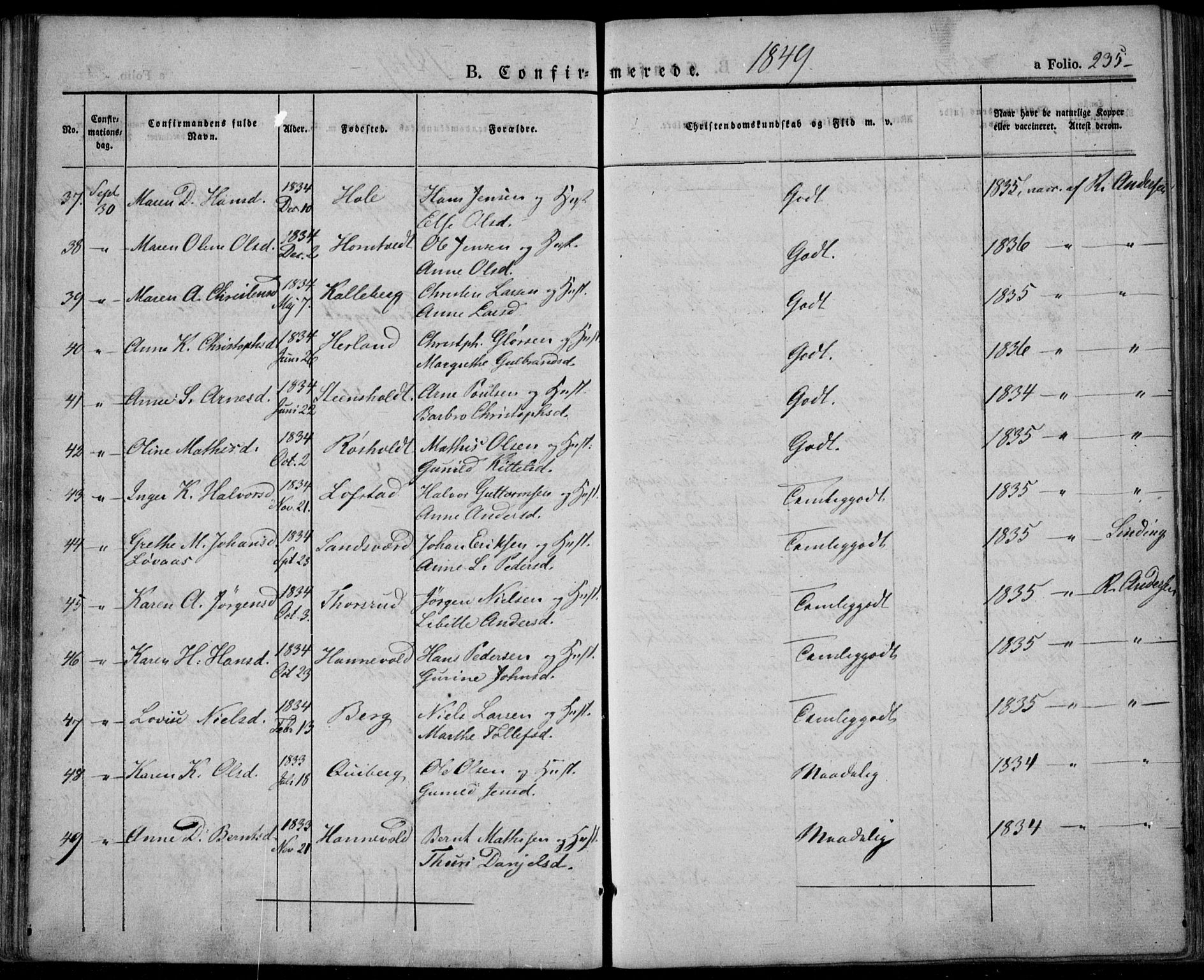 Lardal kirkebøker, AV/SAKO-A-350/F/Fa/L0006: Parish register (official) no. I 6, 1835-1860, p. 235