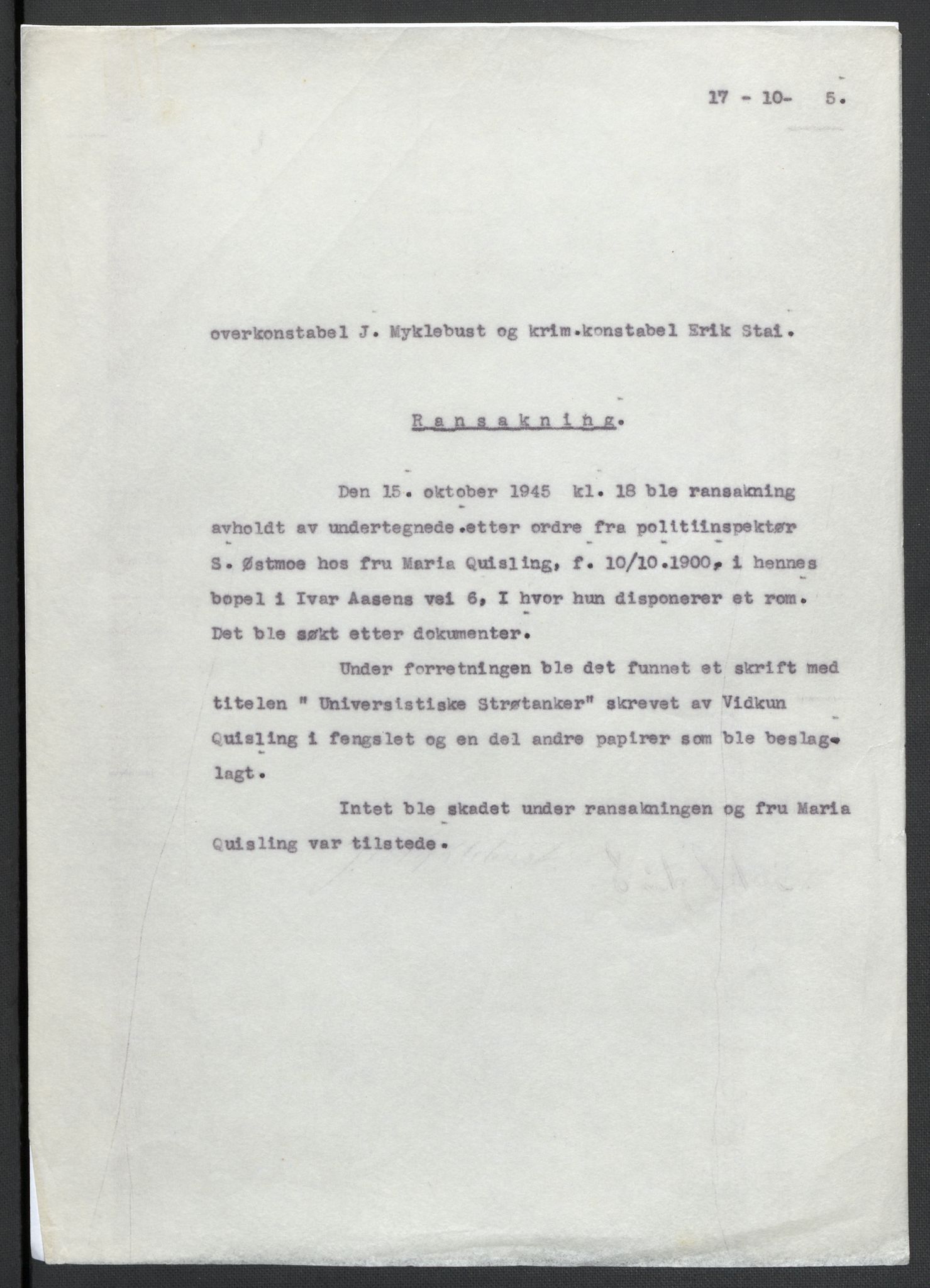 Landssvikarkivet, Oslo politikammer, AV/RA-S-3138-01/D/Da/L0003: Dnr. 29, 1945, p. 1430