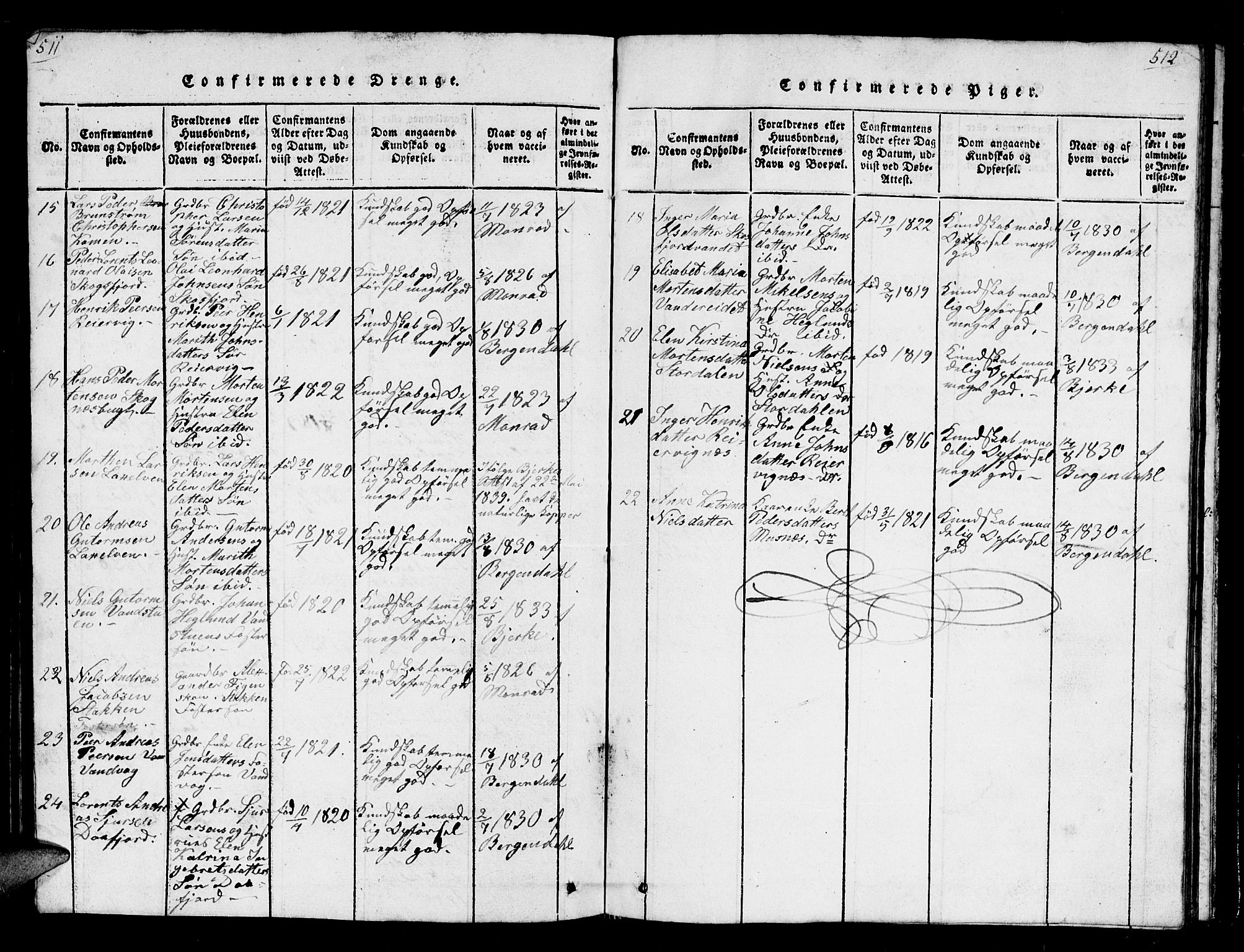 Karlsøy sokneprestembete, AV/SATØ-S-1299/H/Ha/Hab/L0001klokker: Parish register (copy) no. 1, 1821-1840, p. 511-512