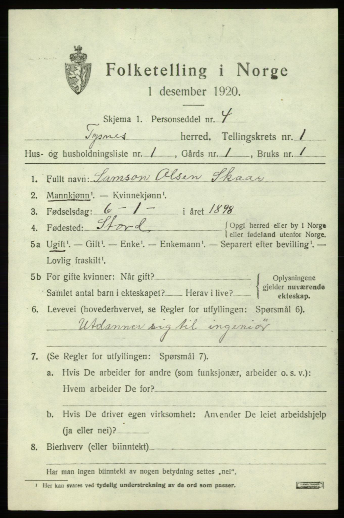 SAB, 1920 census for Tysnes, 1920, p. 1652