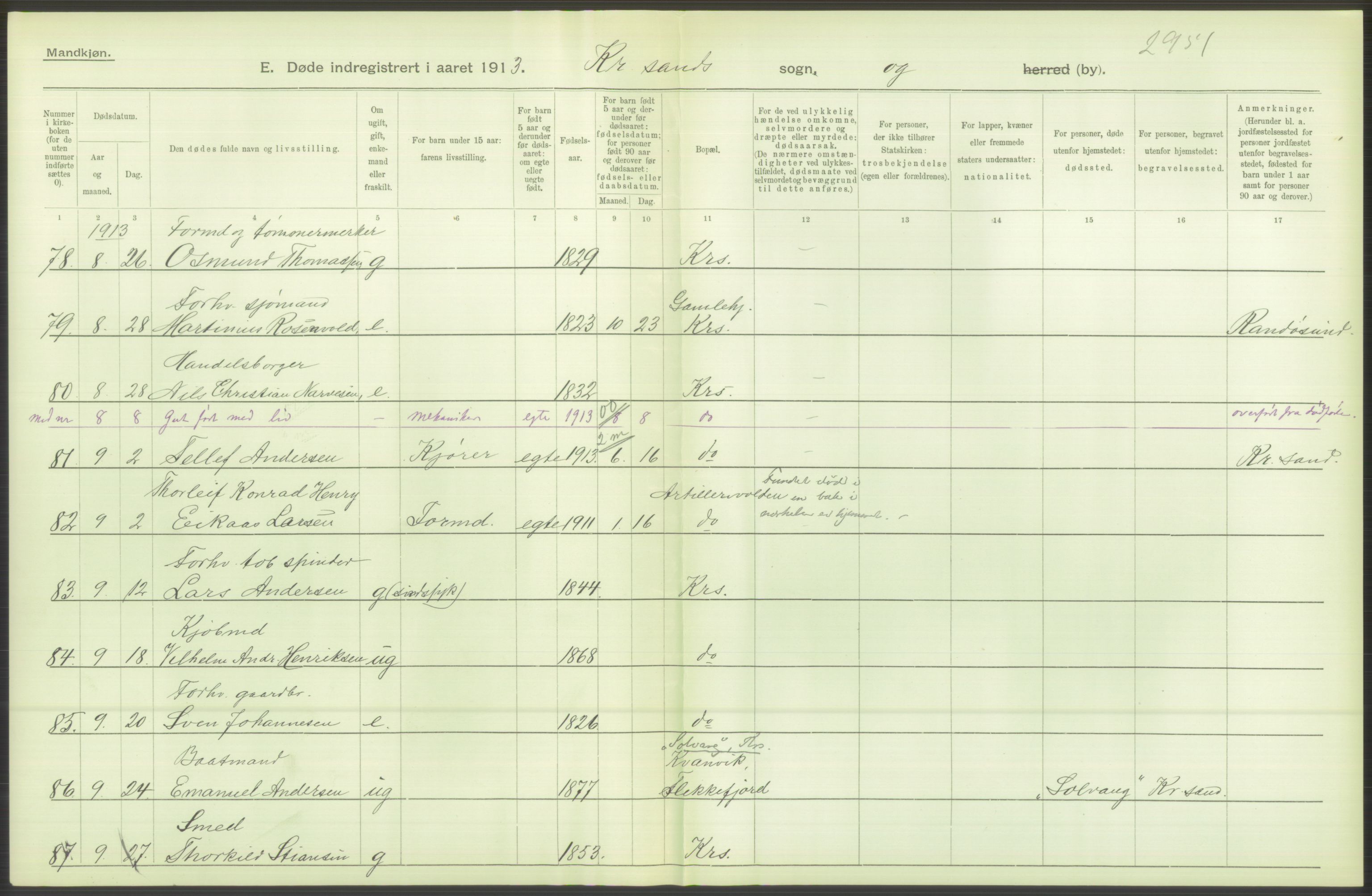 Statistisk sentralbyrå, Sosiodemografiske emner, Befolkning, AV/RA-S-2228/D/Df/Dfb/Dfbc/L0024: Lister og Mandals amt: Døde, dødfødte. Bygder og byer., 1913, p. 74