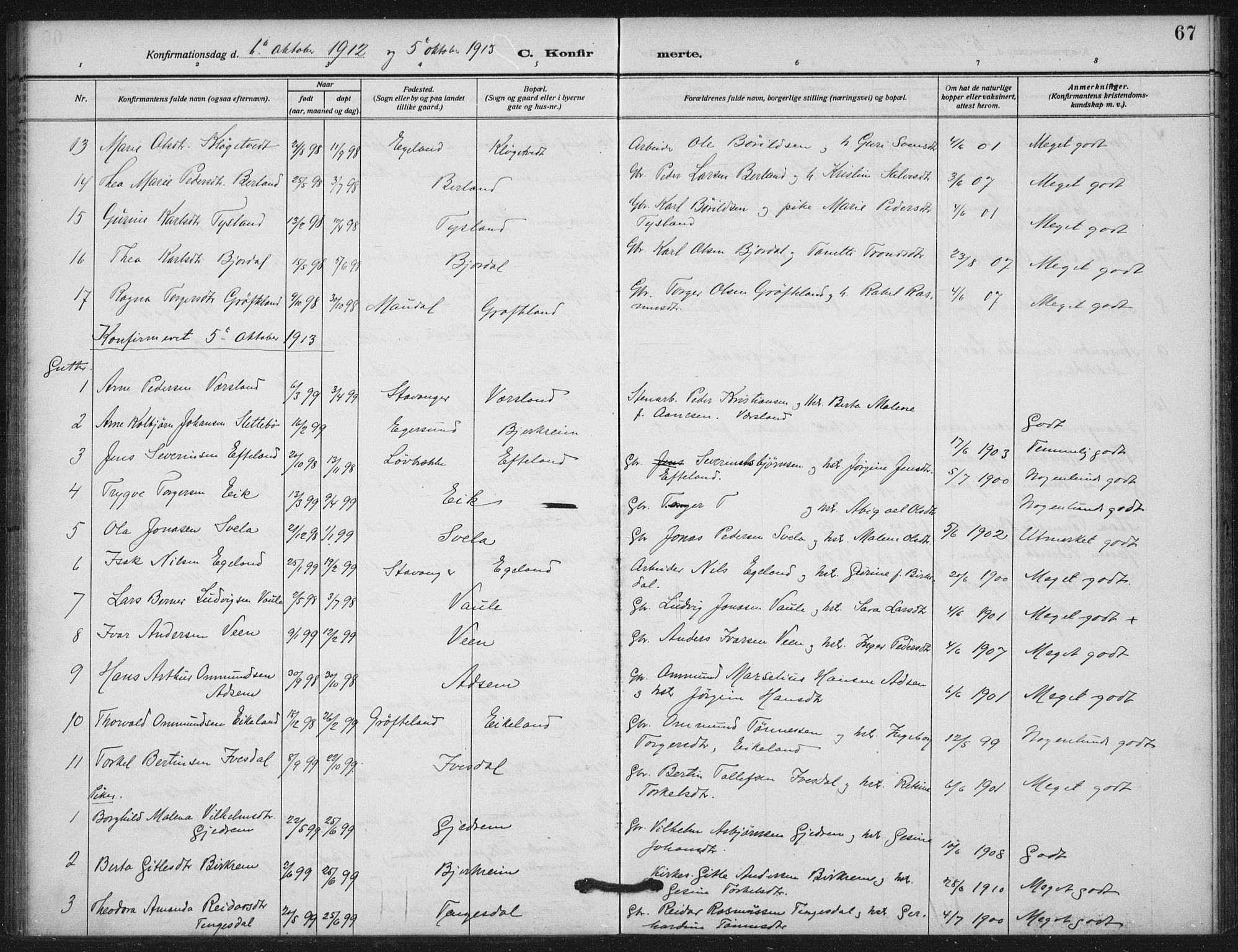 Helleland sokneprestkontor, SAST/A-101810: Parish register (official) no. A 11, 1909-1922, p. 67