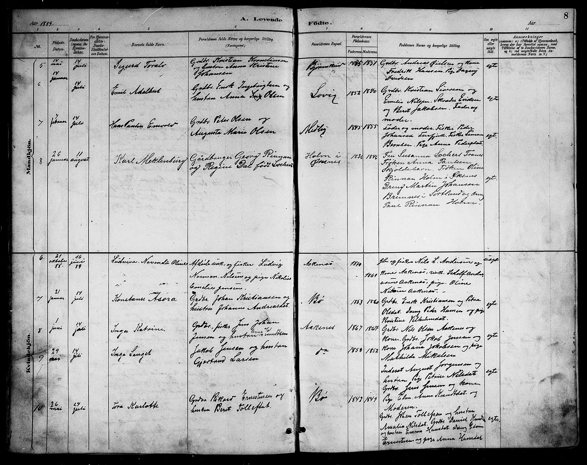 Ministerialprotokoller, klokkerbøker og fødselsregistre - Nordland, AV/SAT-A-1459/898/L1427: Parish register (copy) no. 898C02, 1887-1917, p. 8