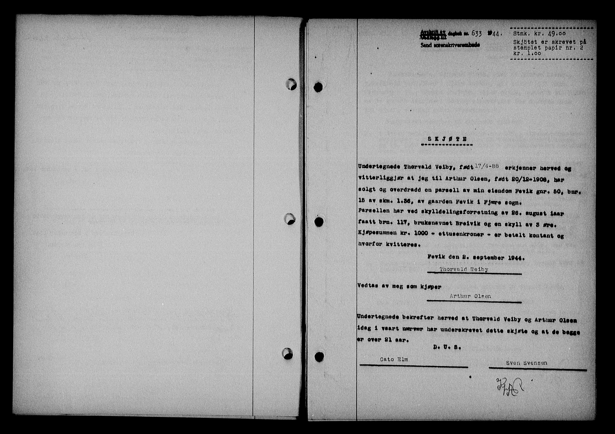 Vestre Nedenes/Sand sorenskriveri, SAK/1221-0010/G/Gb/Gba/L0053: Mortgage book no. A 6, 1944-1945, Diary no: : 633/1944