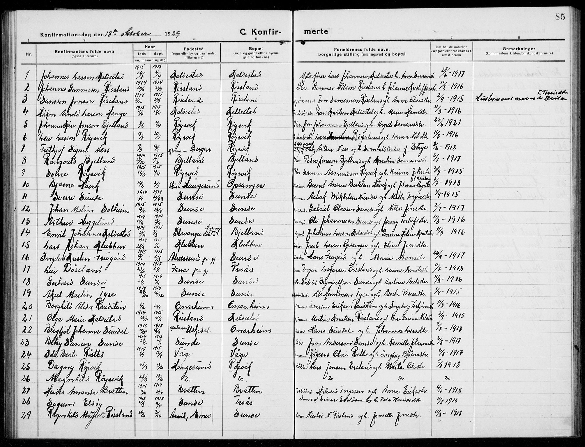 Husnes Sokneprestembete, AV/SAB-A-75901/H/Hab: Parish register (copy) no. A  3, 1915-1936, p. 85