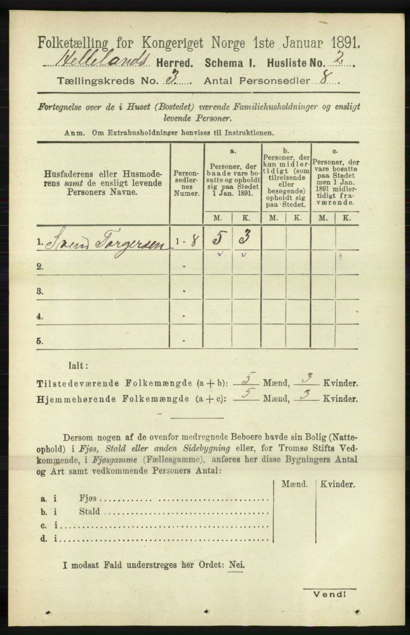 RA, 1891 census for 1115 Helleland, 1891, p. 791