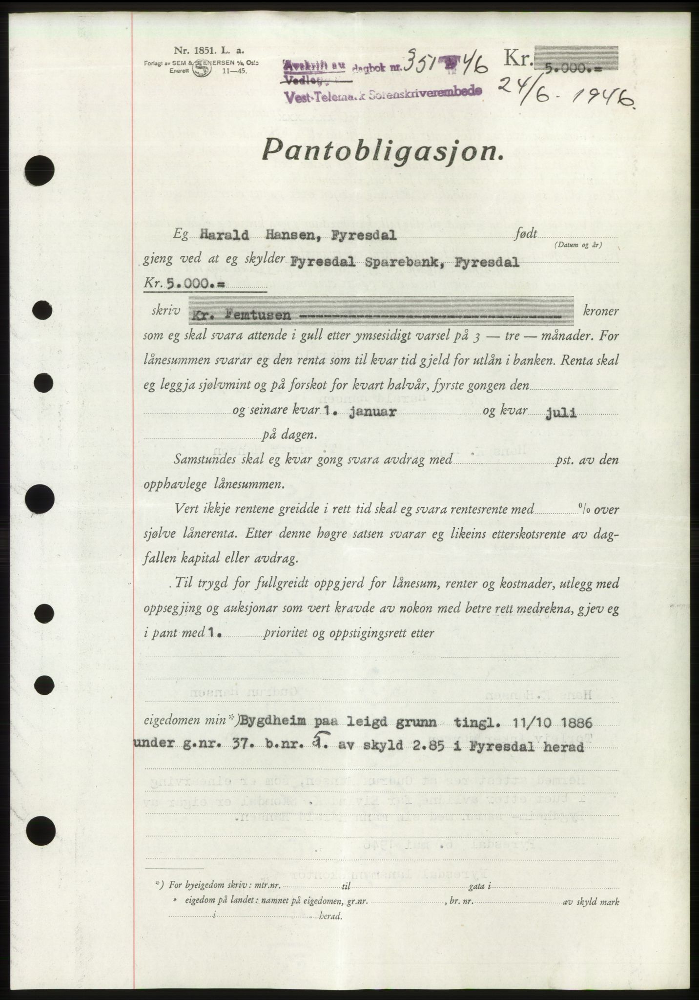 Vest-Telemark sorenskriveri, AV/SAKO-A-134/G/Ga/Gad/L0005b: Mortgage book no. B-5b, 1946-1947, Diary no: : 351/1946