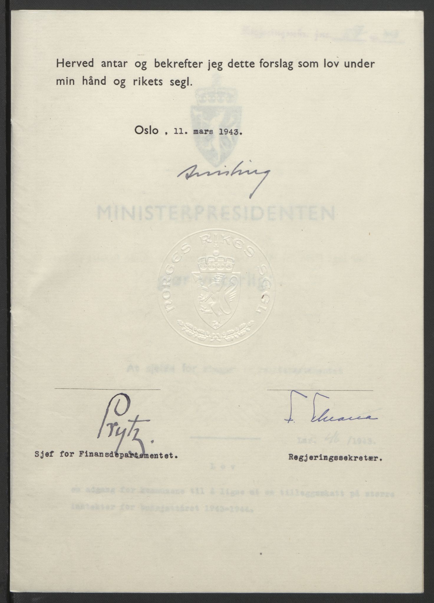 NS-administrasjonen 1940-1945 (Statsrådsekretariatet, de kommisariske statsråder mm), AV/RA-S-4279/D/Db/L0099: Lover, 1943, p. 203