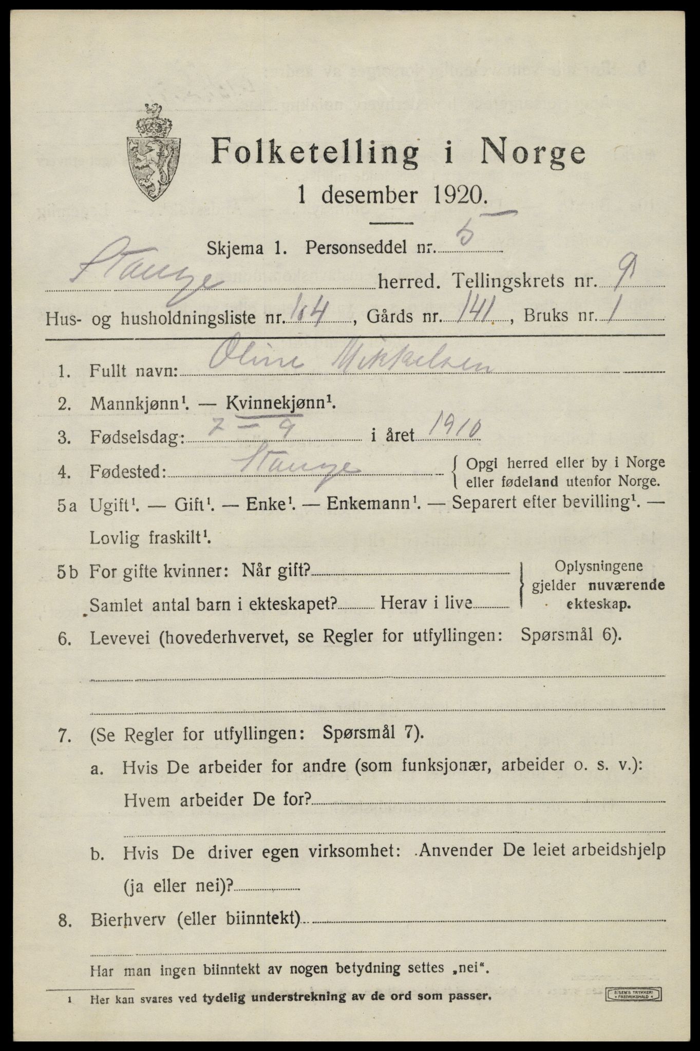 SAH, 1920 census for Stange, 1920, p. 15835