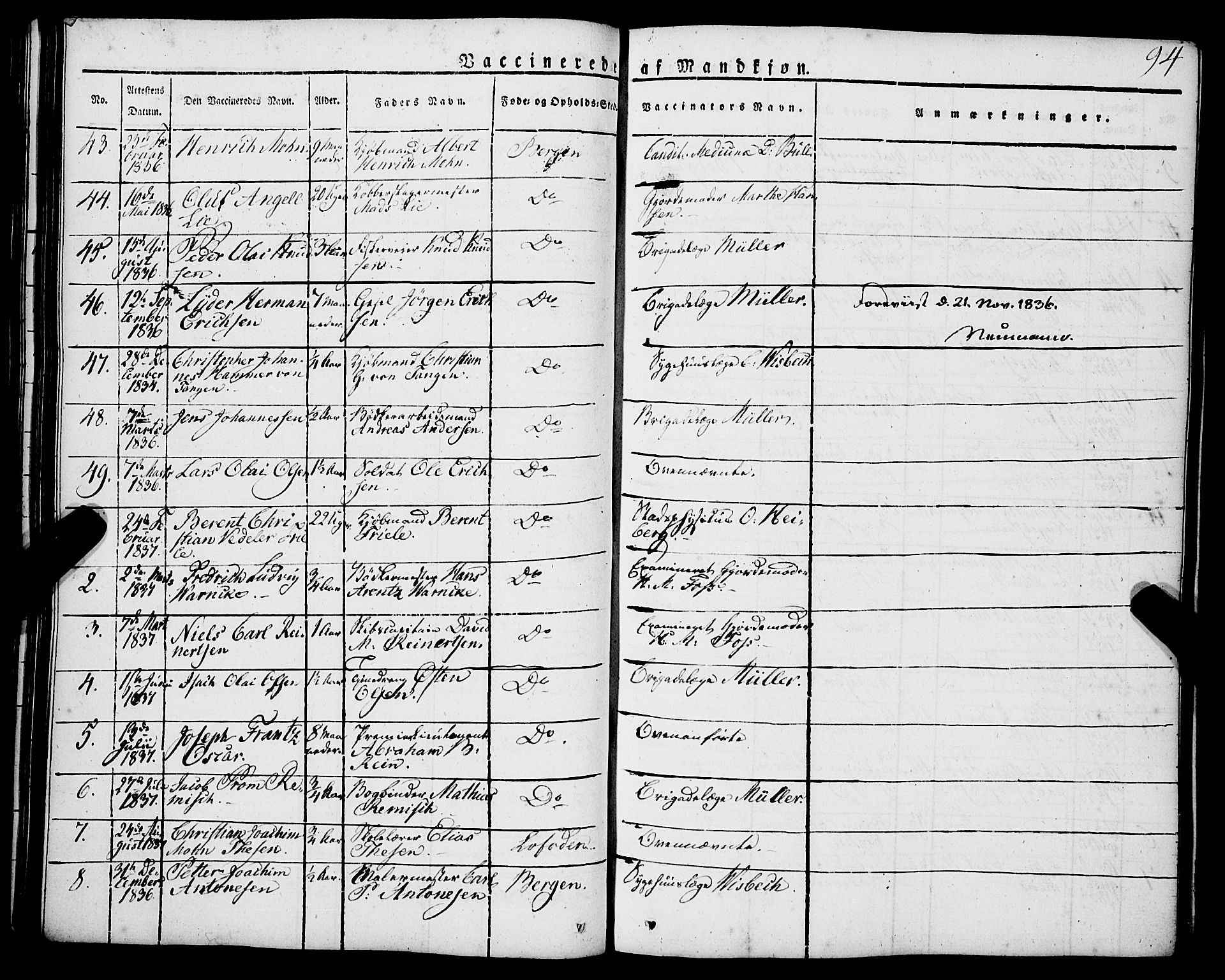 Korskirken sokneprestembete, AV/SAB-A-76101/H/Haa/L0050: Parish register (official) no. F 1, 1821-1869, p. 94