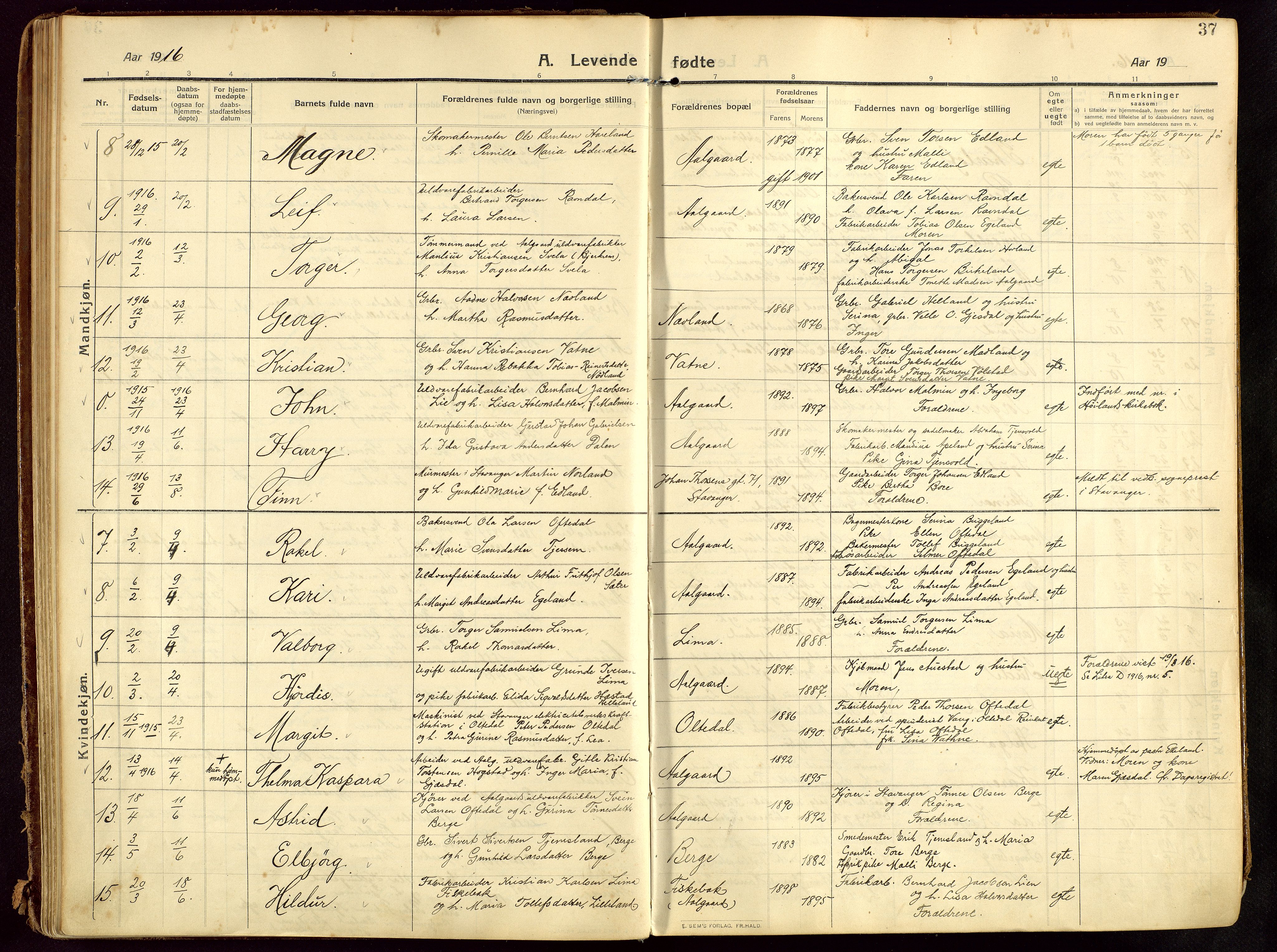 Lye sokneprestkontor, AV/SAST-A-101794/002/B/L0001: Parish register (official) no. A 13, 1910-1925, p. 37