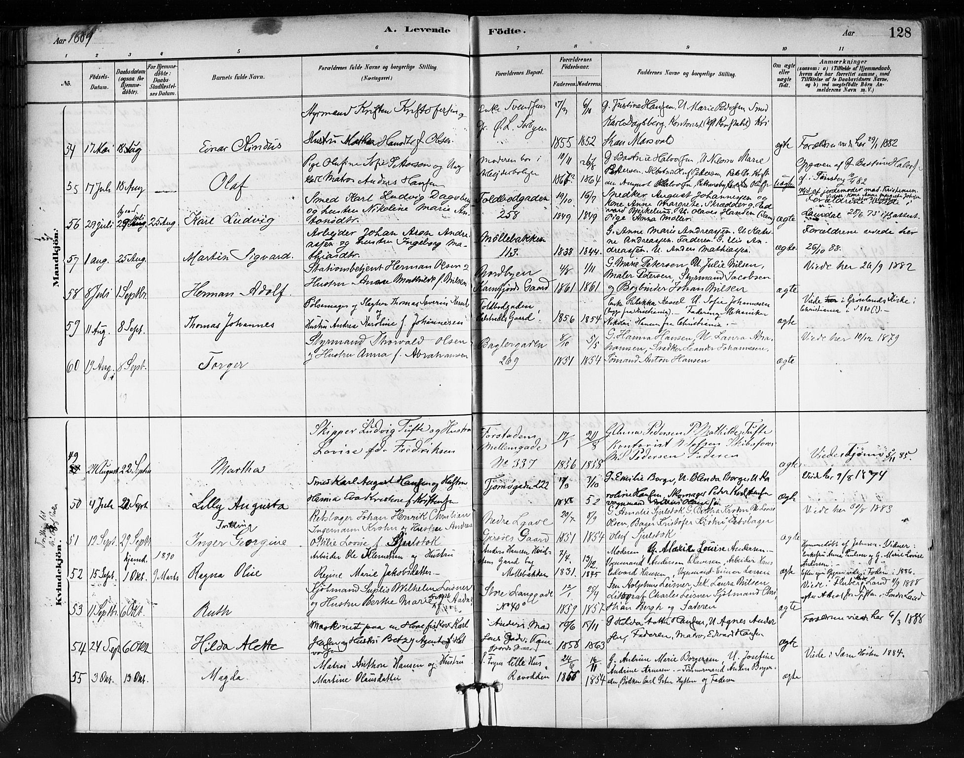 Tønsberg kirkebøker, AV/SAKO-A-330/F/Fa/L0011: Parish register (official) no. I 11, 1881-1890, p. 128