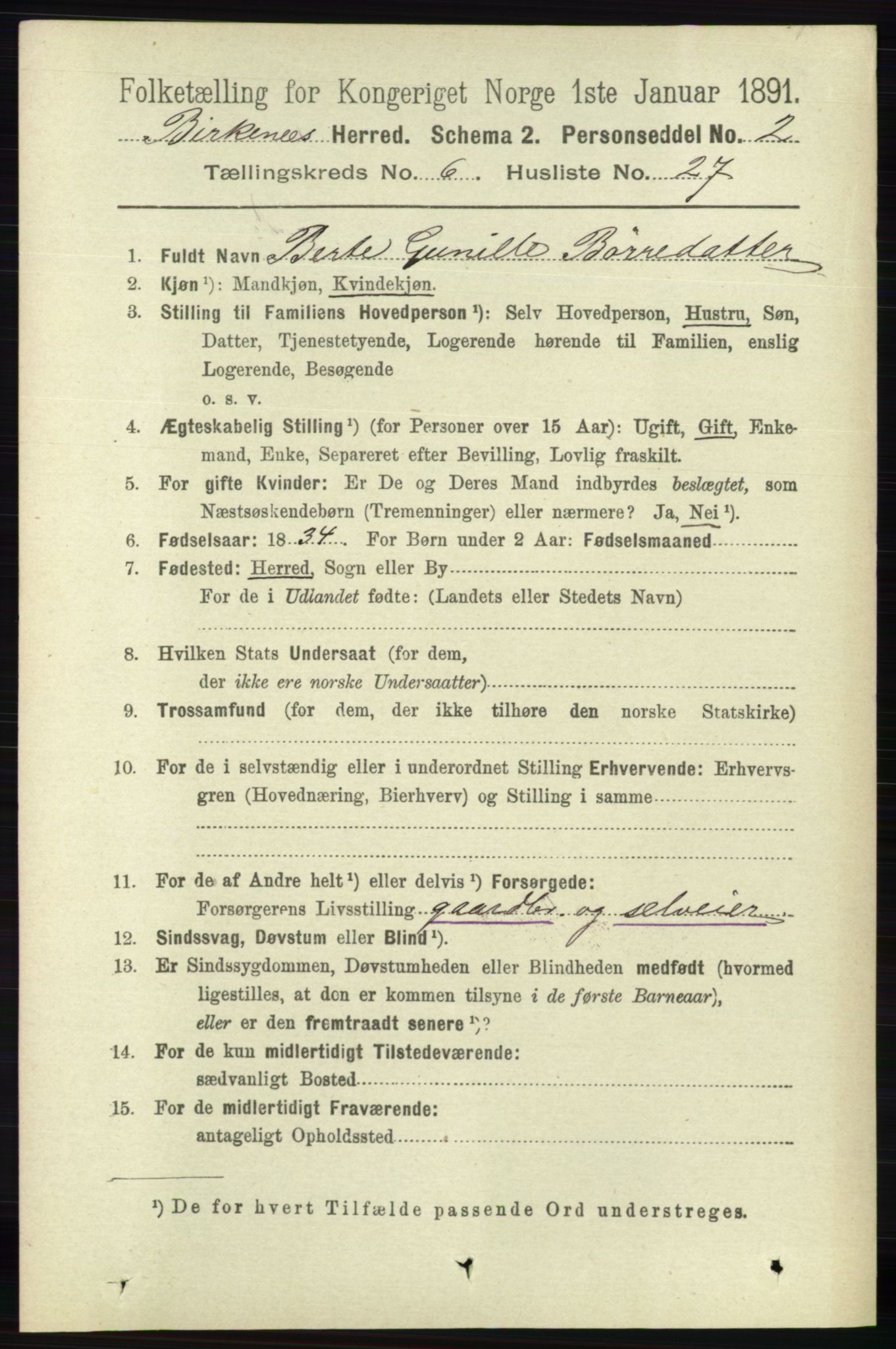 RA, 1891 Census for 0928 Birkenes, 1891, p. 1938