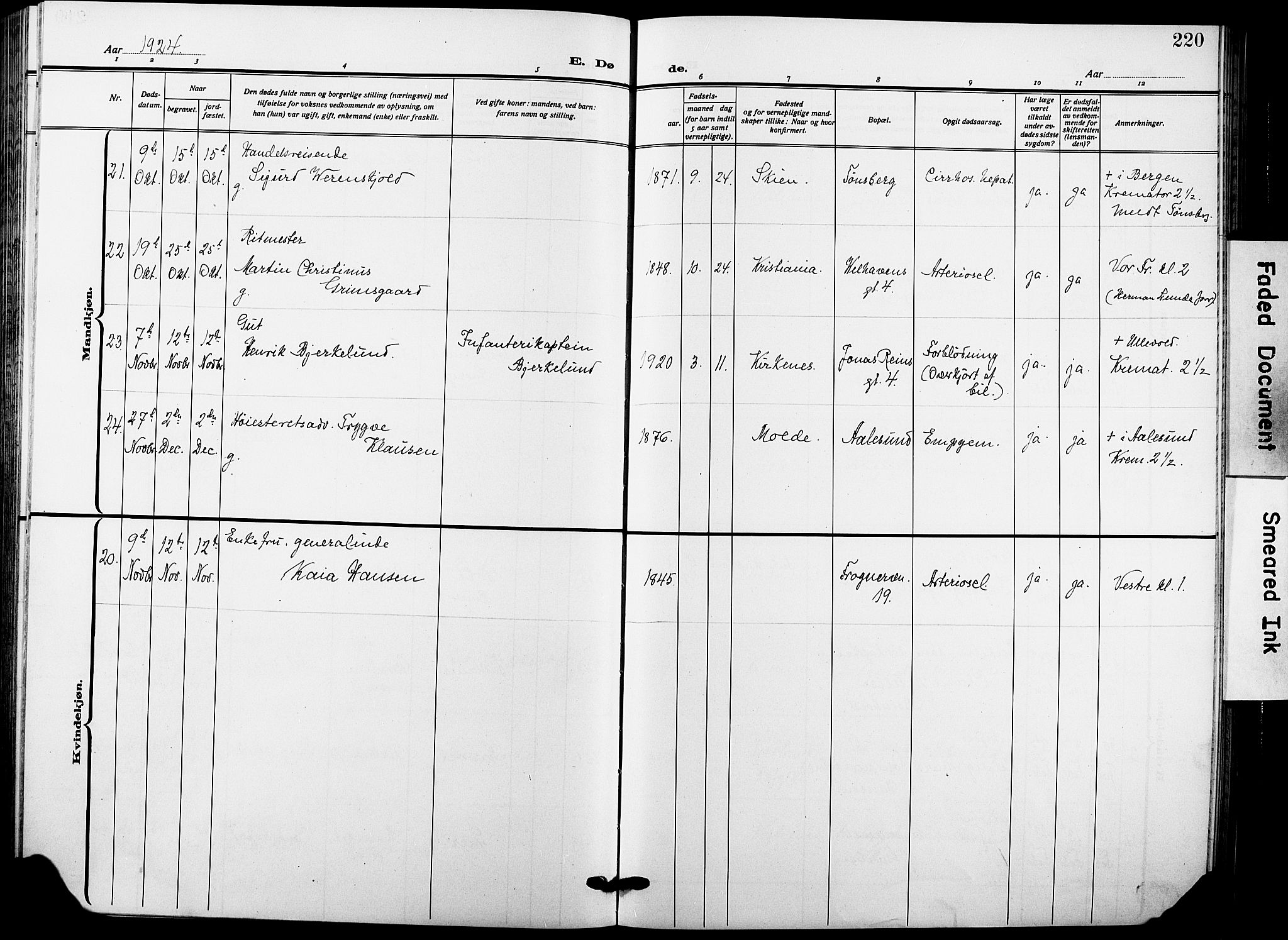 Garnisonsmenigheten Kirkebøker, AV/SAO-A-10846/F/Fa/L0016: Parish register (official) no. 16, 1922-1930, p. 220