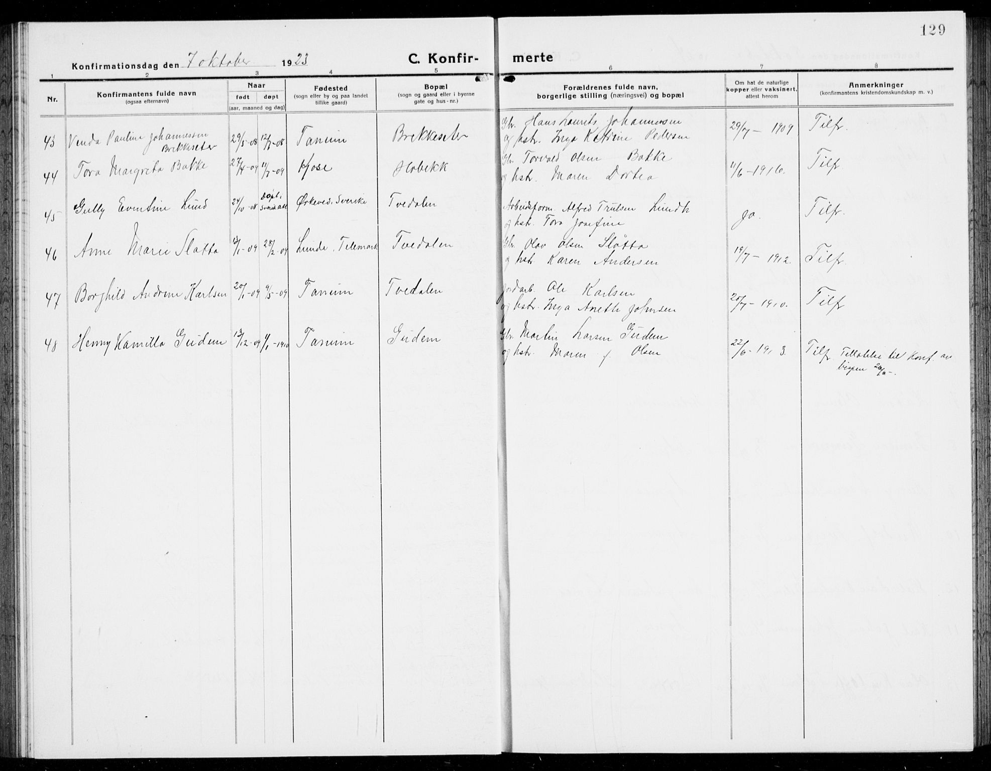 Brunlanes kirkebøker, SAKO/A-342/G/Ga/L0005: Parish register (copy) no. I 5, 1918-1941, p. 129