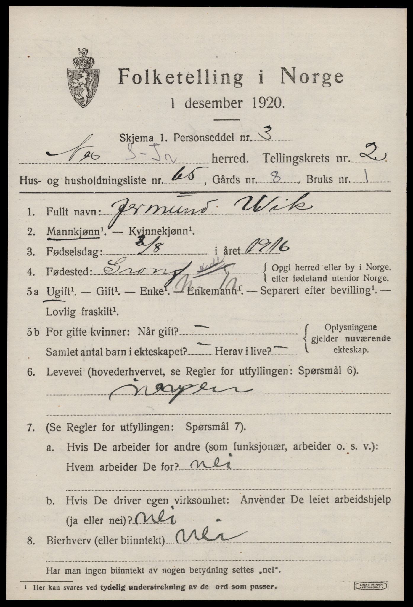 SAT, 1920 census for Nes (ST), 1920, p. 1365