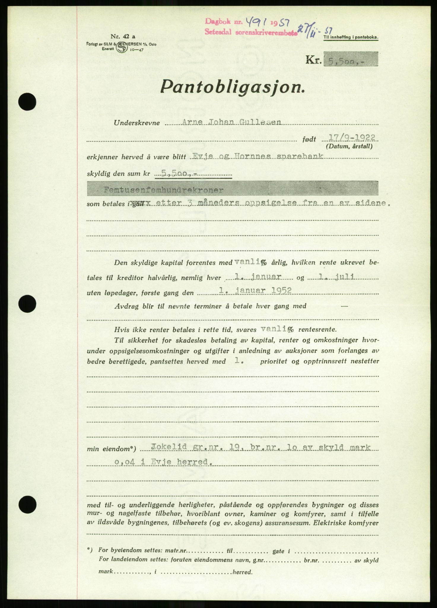 Setesdal sorenskriveri, SAK/1221-0011/G/Gb/L0050: Mortgage book no. B 38, 1949-1952, Diary no: : 491/1951