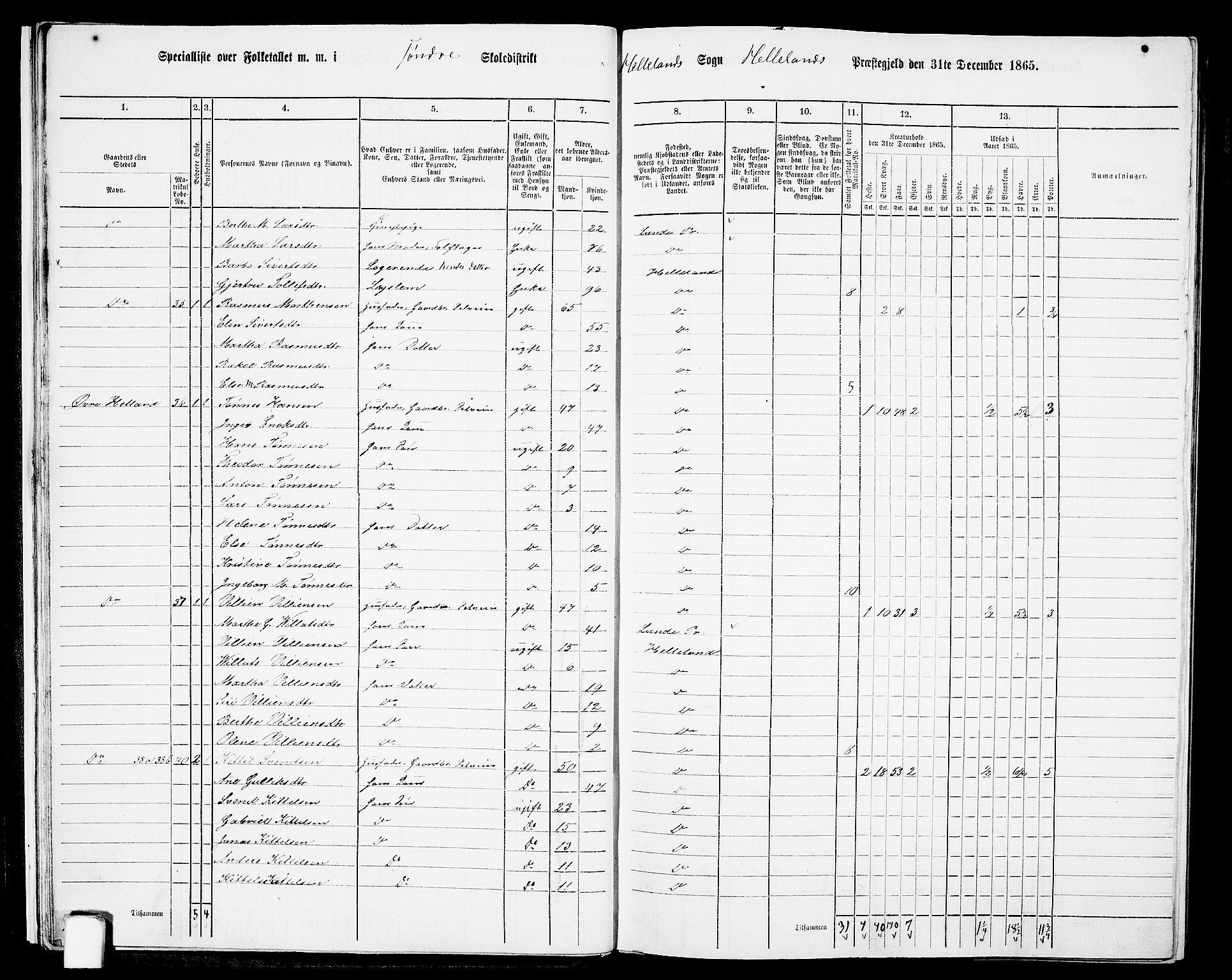 RA, 1865 census for Helleland, 1865, p. 18