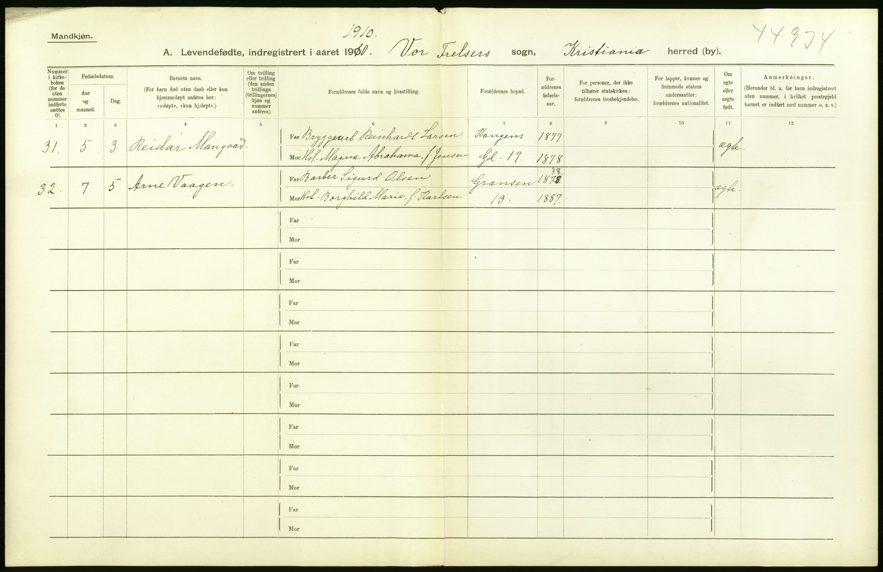 Statistisk sentralbyrå, Sosiodemografiske emner, Befolkning, RA/S-2228/D/Df/Dfa/Dfah/L0006: Kristiania: Levendefødte menn., 1910, p. 196