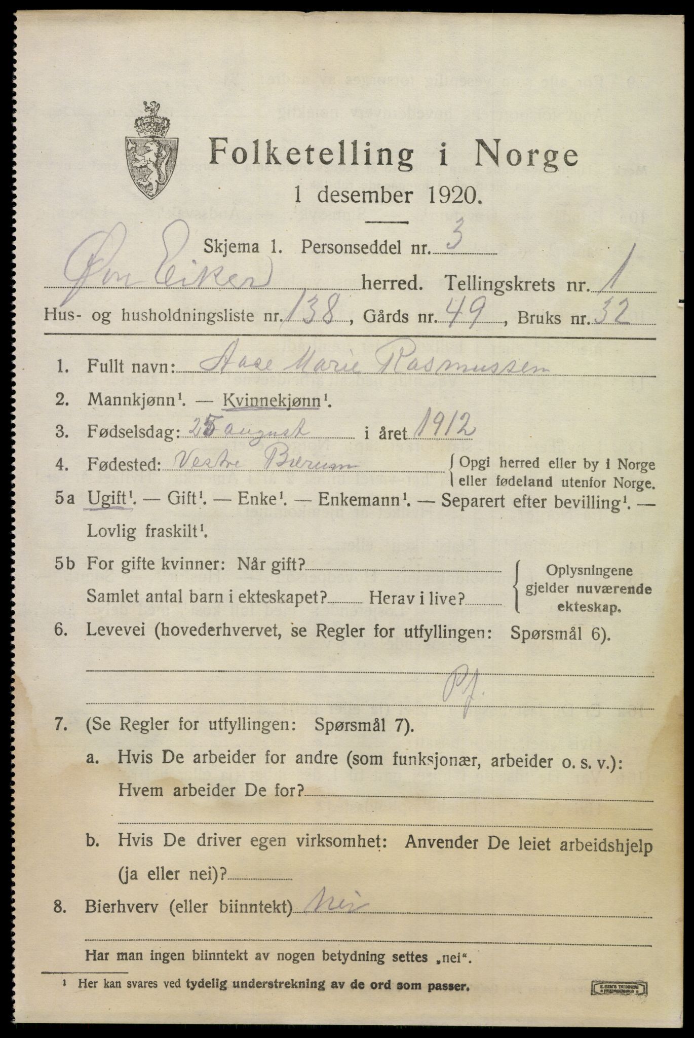 SAKO, 1920 census for Øvre Eiker, 1920, p. 5578