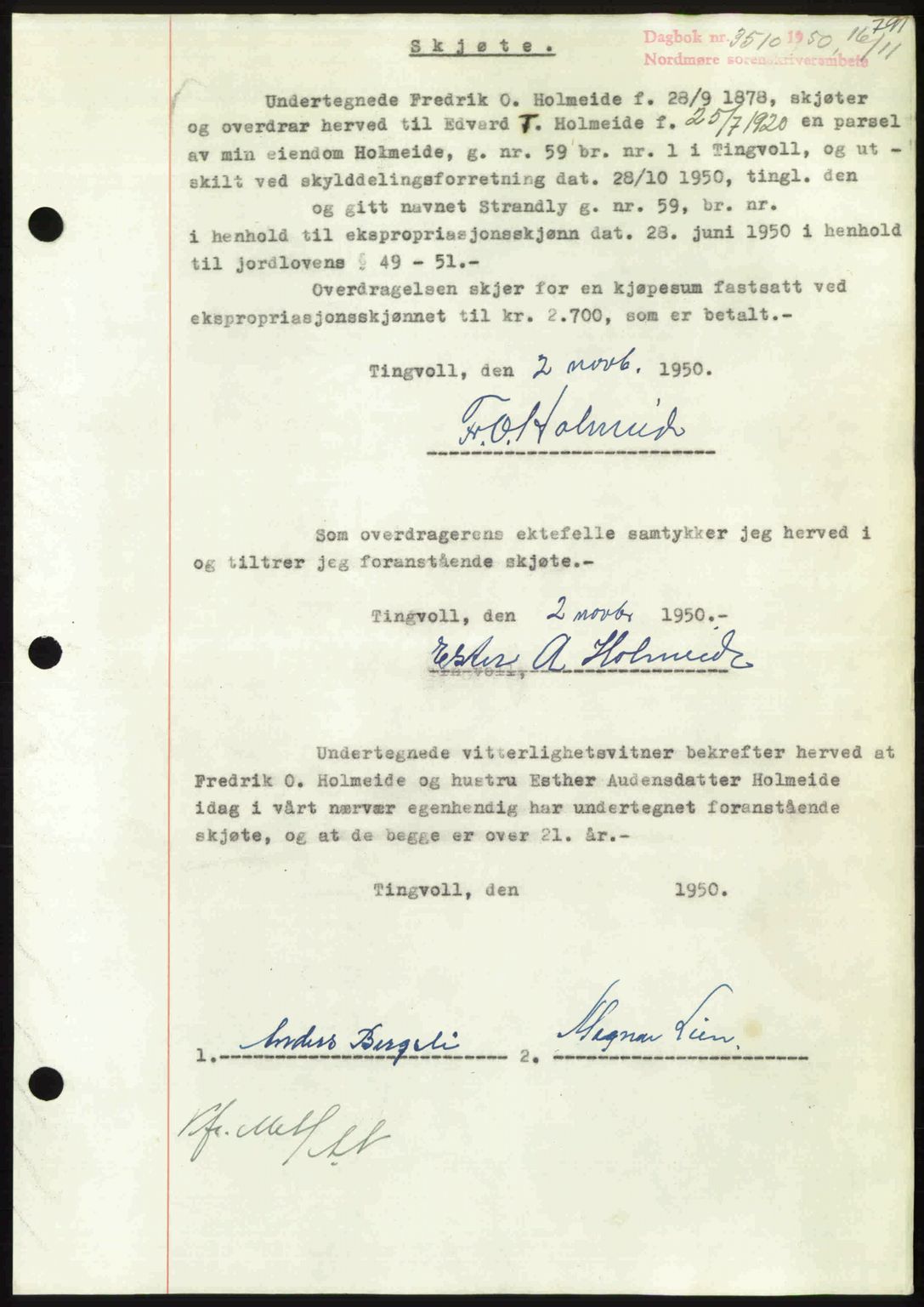 Nordmøre sorenskriveri, AV/SAT-A-4132/1/2/2Ca: Mortgage book no. A116, 1950-1950, Diary no: : 3510/1950