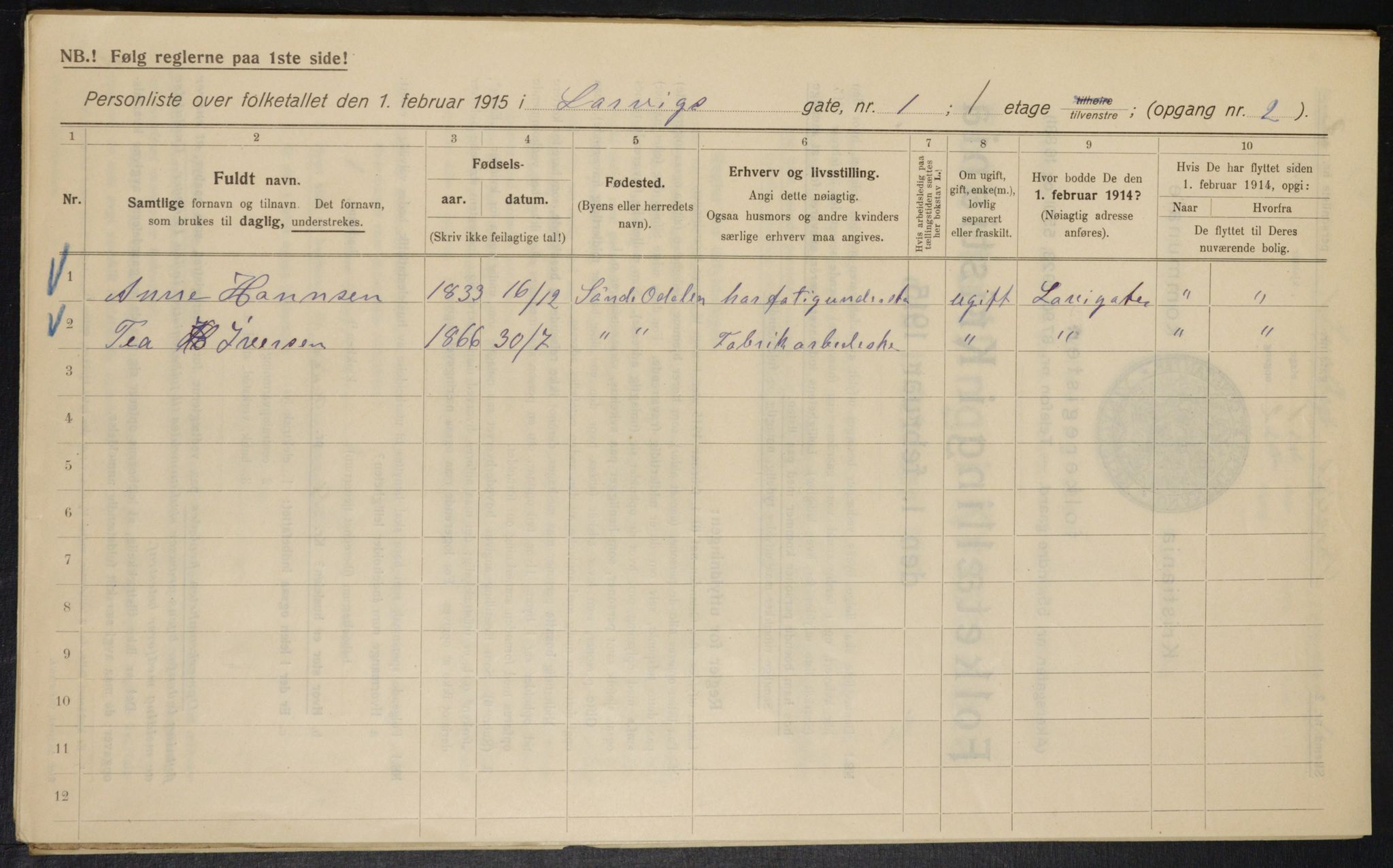 OBA, Municipal Census 1915 for Kristiania, 1915, p. 56580