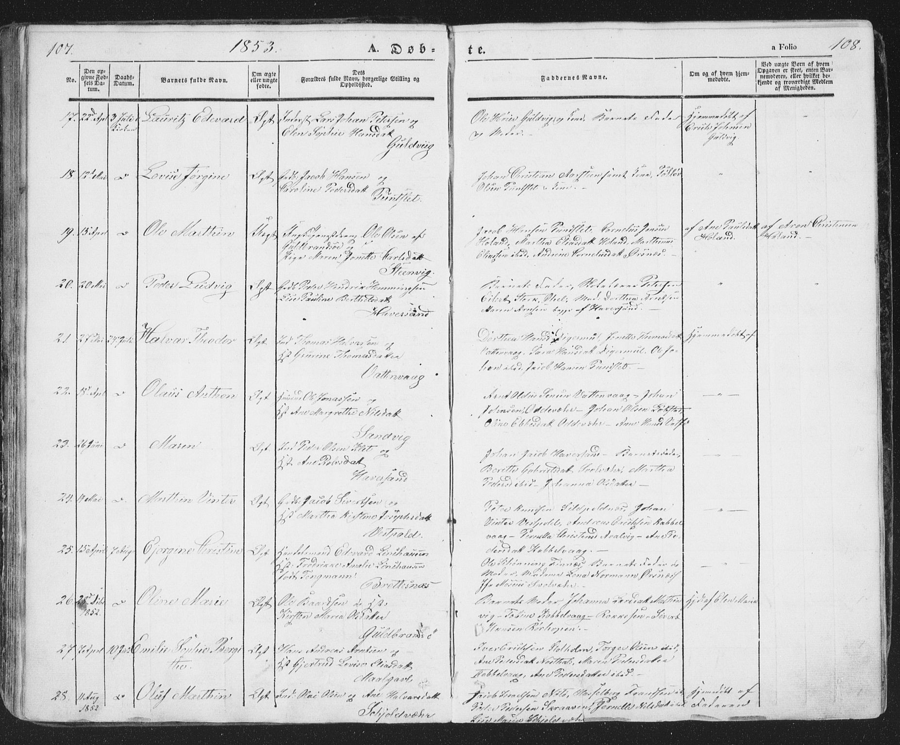 Ministerialprotokoller, klokkerbøker og fødselsregistre - Nordland, AV/SAT-A-1459/874/L1072: Parish register (copy) no. 874C01, 1843-1859, p. 107-108