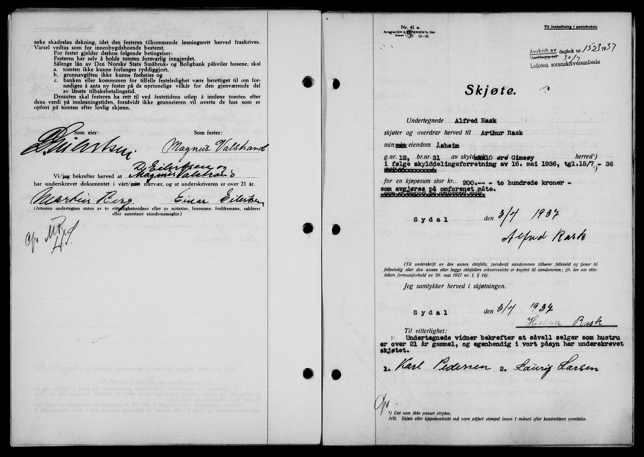 Lofoten sorenskriveri, SAT/A-0017/1/2/2C/L0002a: Mortgage book no. 2a, 1937-1937, Diary no: : 1523/1937