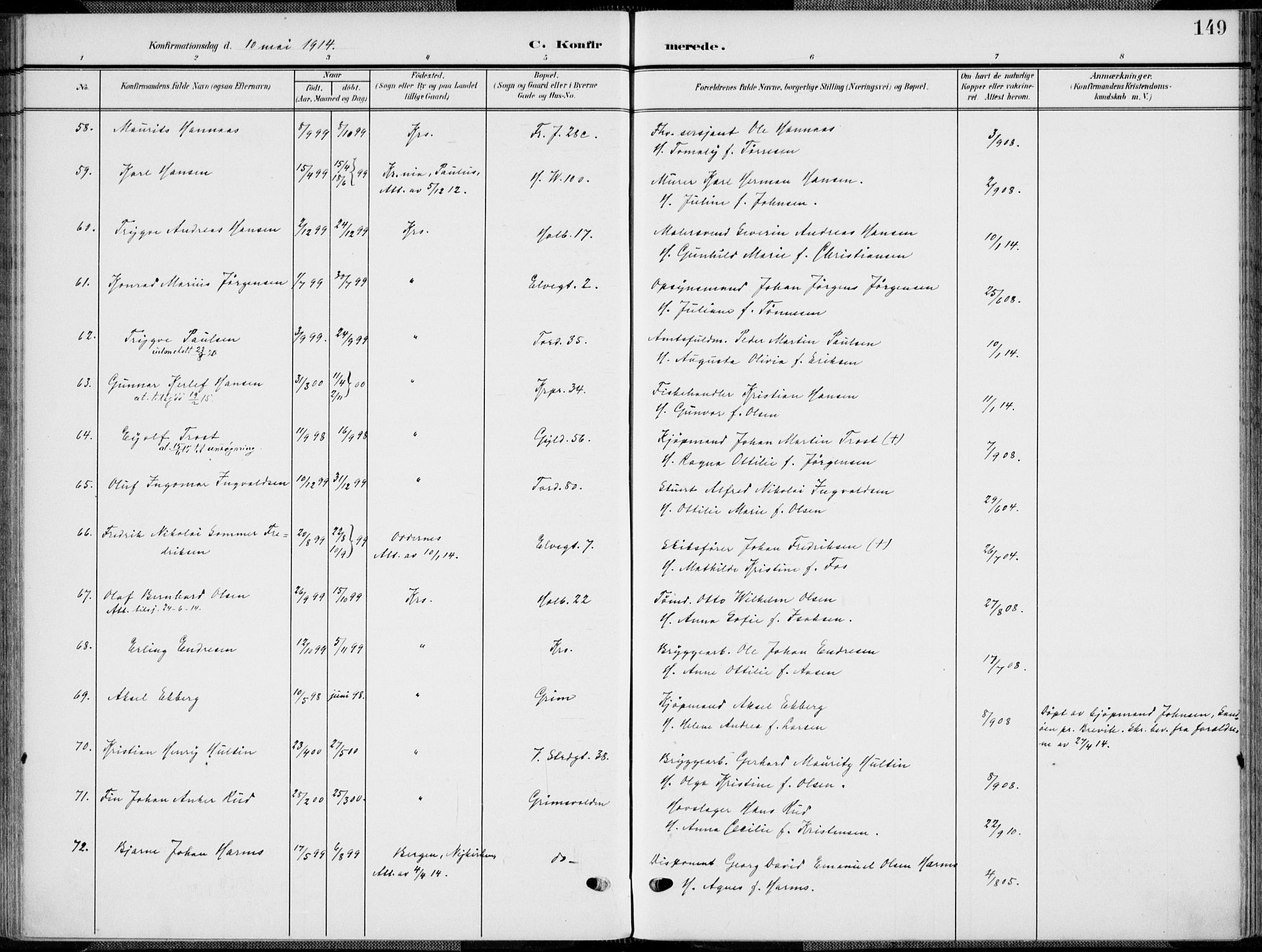 Kristiansand domprosti, AV/SAK-1112-0006/F/Fa/L0022: Parish register (official) no. A 21, 1905-1916, p. 149