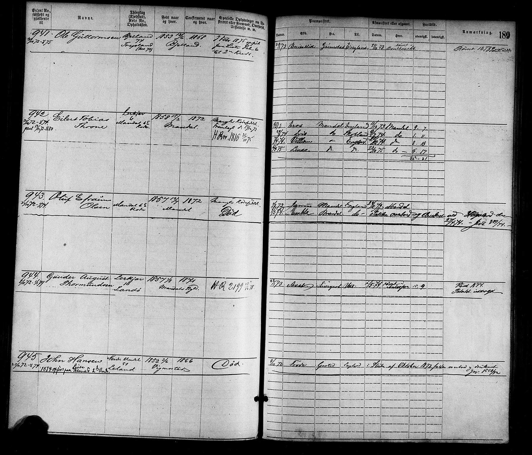 Mandal mønstringskrets, SAK/2031-0016/F/Fa/L0001: Annotasjonsrulle nr 1-1920 med register, L-3, 1869-1881, p. 223