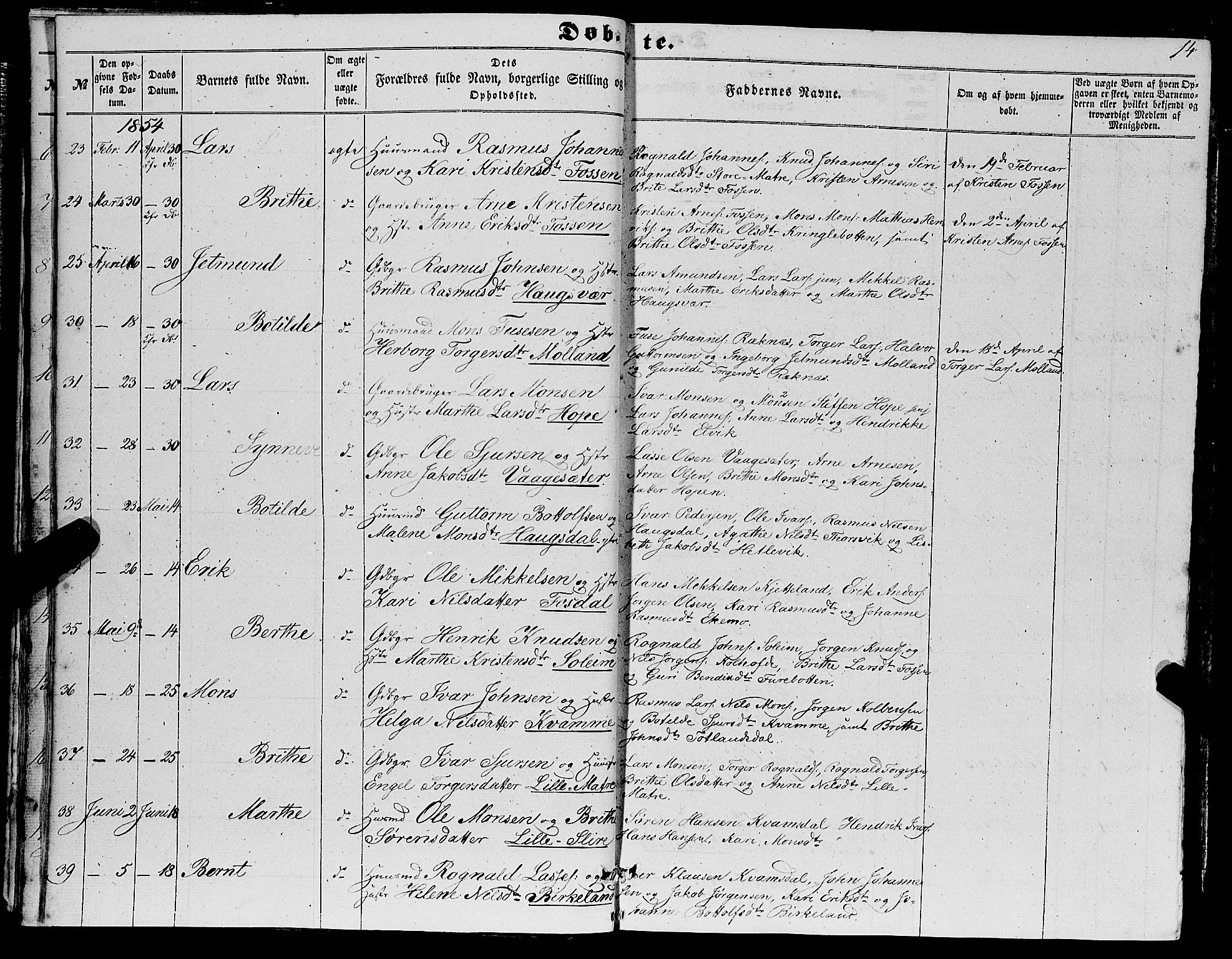 Masfjorden Sokneprestembete, SAB/A-77001: Parish register (copy) no. A 1, 1851-1875, p. 14