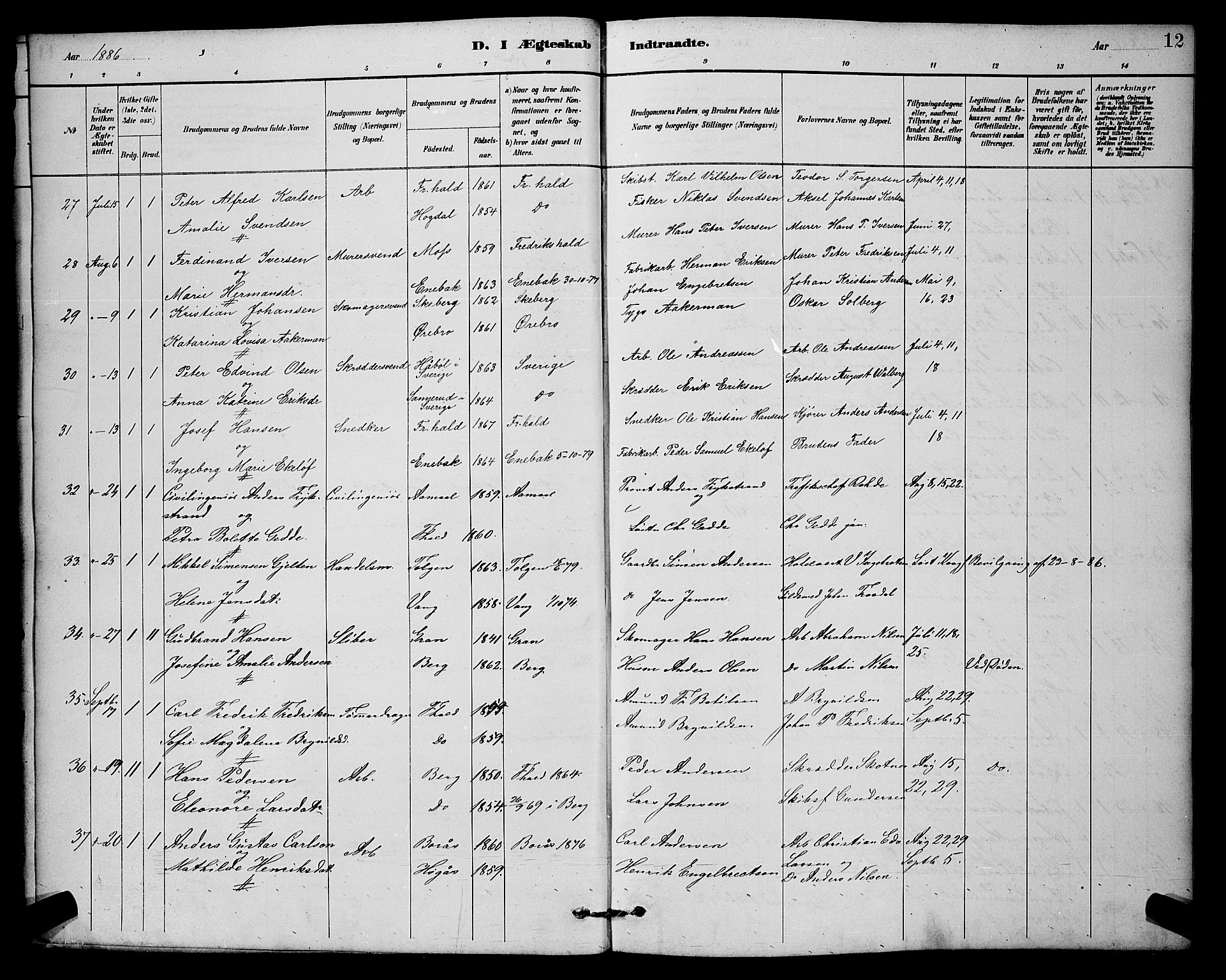 Halden prestekontor Kirkebøker, AV/SAO-A-10909/G/Ga/L0009: Parish register (copy) no. 9, 1885-1908, p. 12