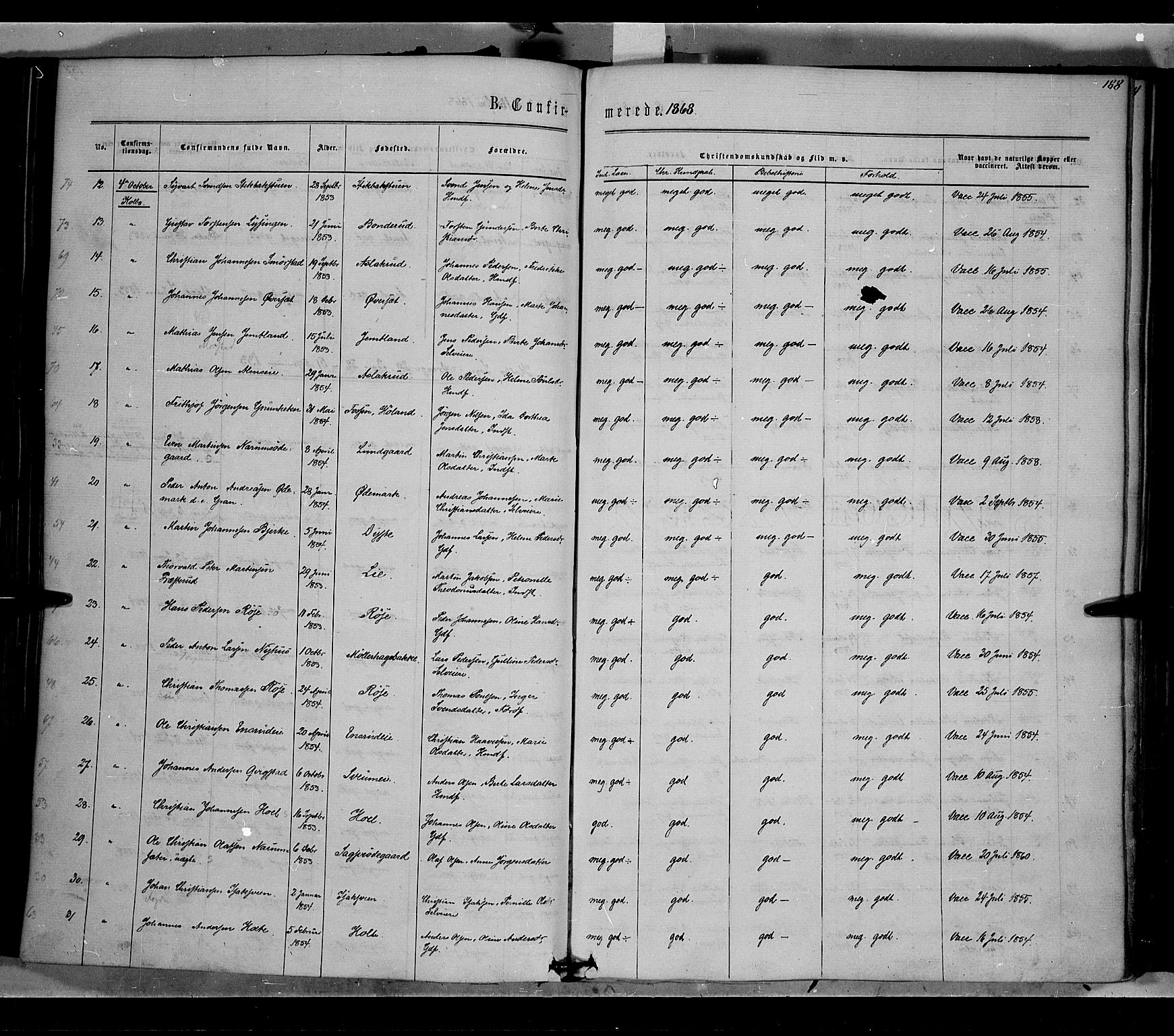 Vestre Toten prestekontor, AV/SAH-PREST-108/H/Ha/Haa/L0007: Parish register (official) no. 7, 1862-1869, p. 188