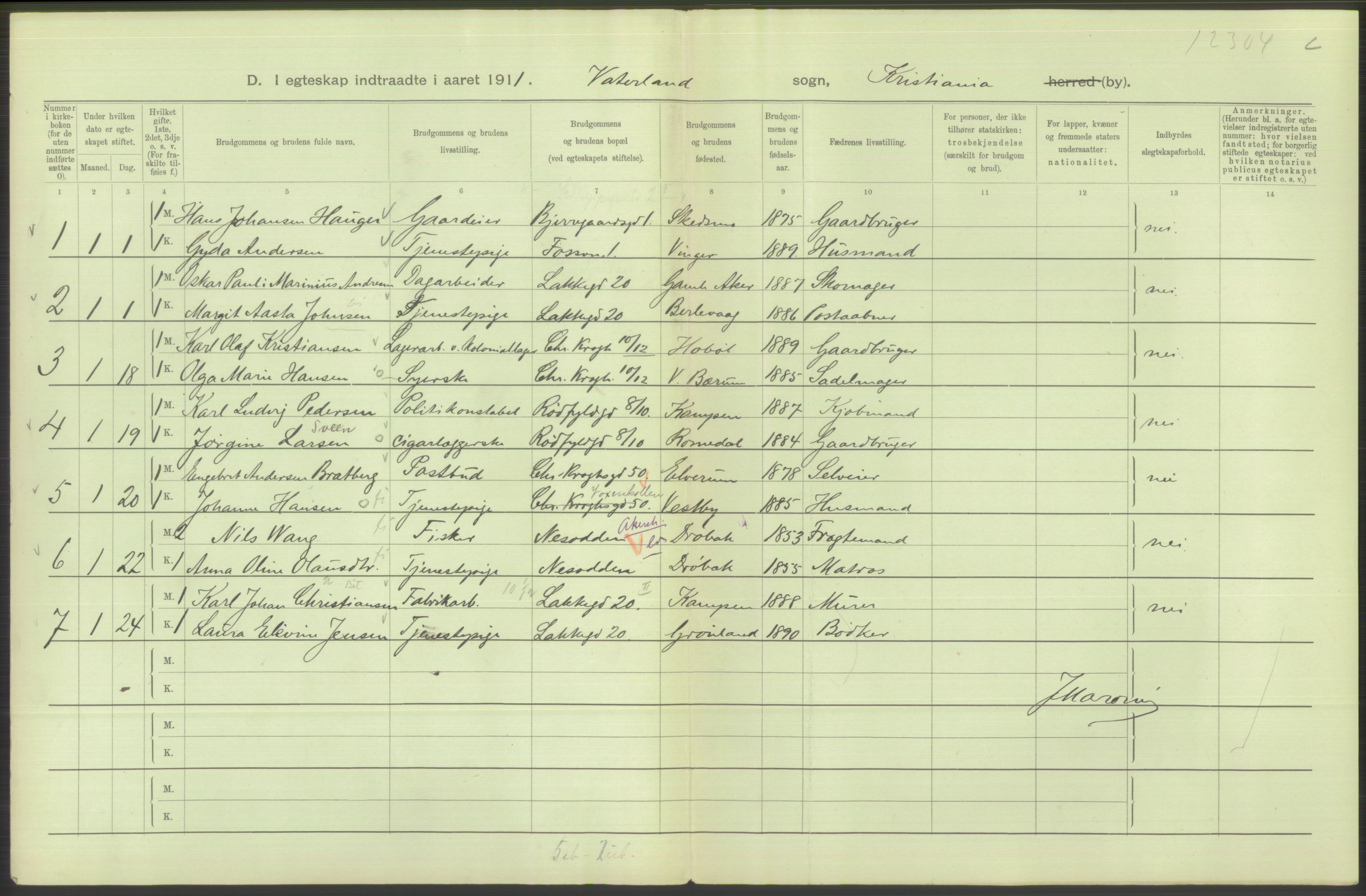 Statistisk sentralbyrå, Sosiodemografiske emner, Befolkning, AV/RA-S-2228/D/Df/Dfb/Dfba/L0008: Kristiania: Gifte, 1911, p. 718