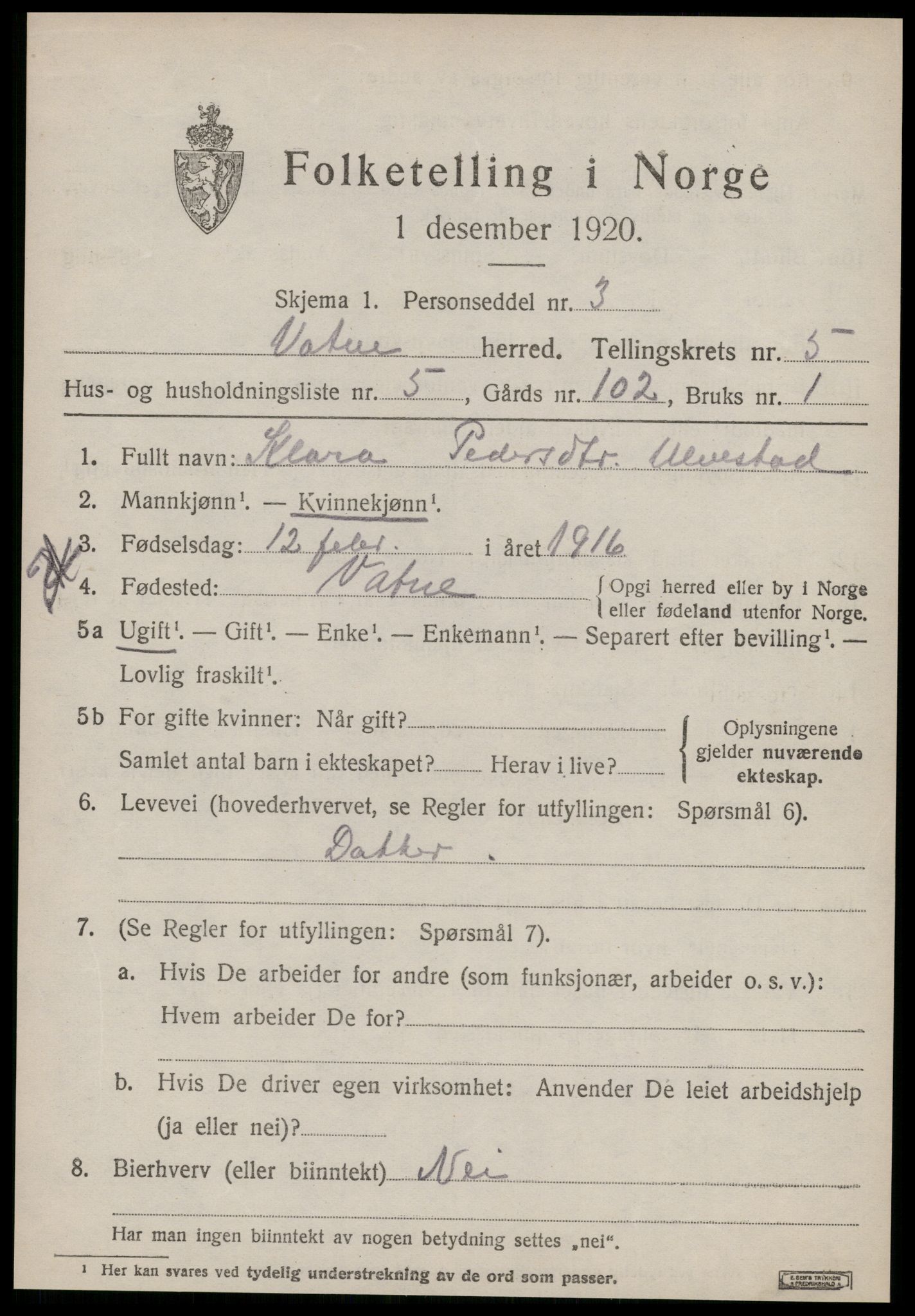SAT, 1920 census for Vatne, 1920, p. 2214